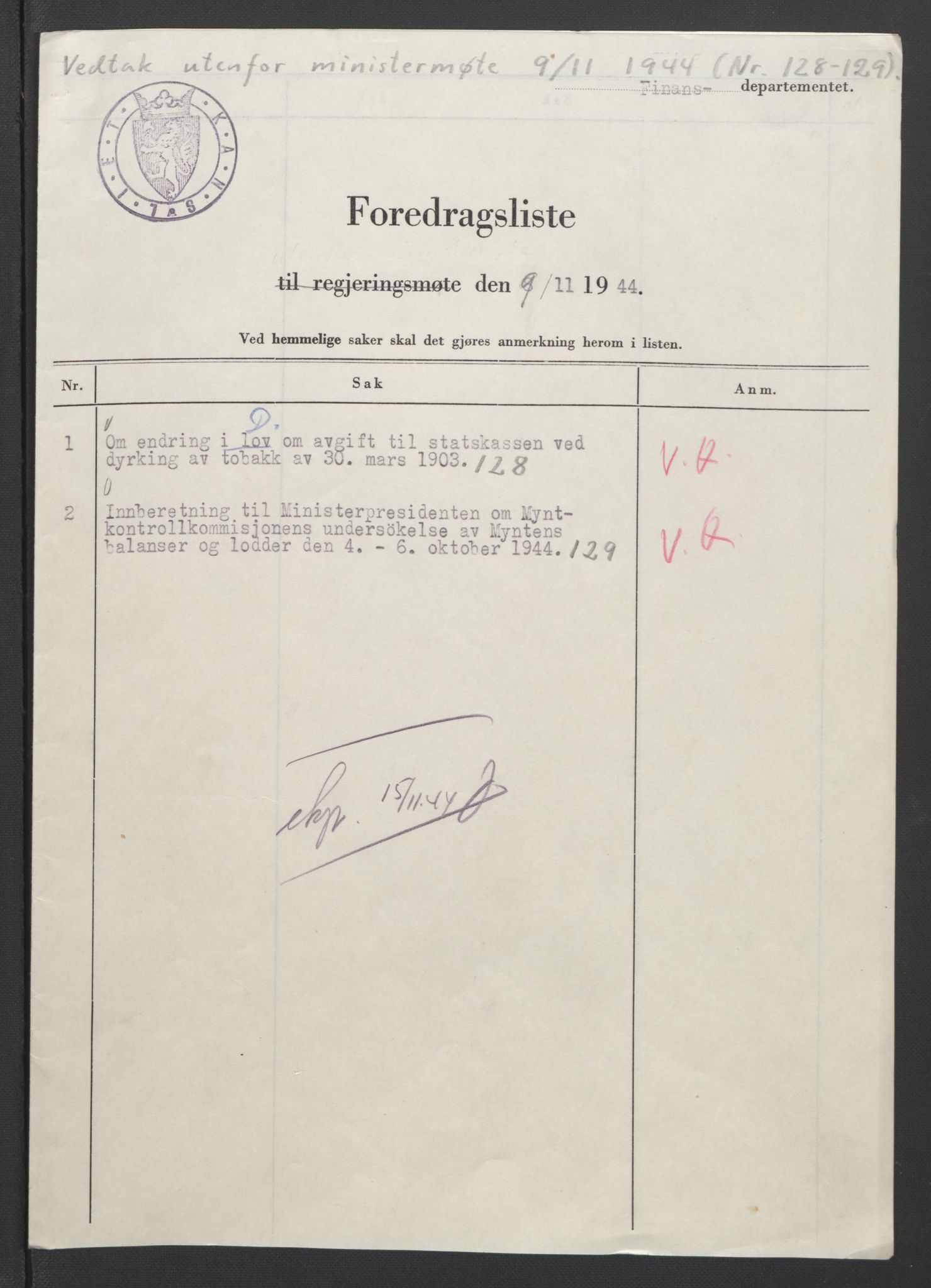 NS-administrasjonen 1940-1945 (Statsrådsekretariatet, de kommisariske statsråder mm), AV/RA-S-4279/D/Db/L0090: Foredrag til vedtak utenfor ministermøte, 1942-1945, s. 444