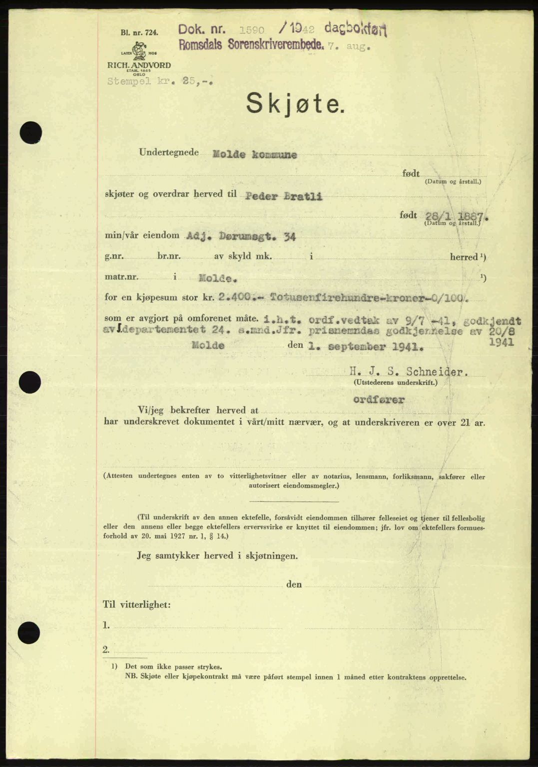Romsdal sorenskriveri, SAT/A-4149/1/2/2C: Pantebok nr. A12, 1942-1942, Dagboknr: 1590/1942