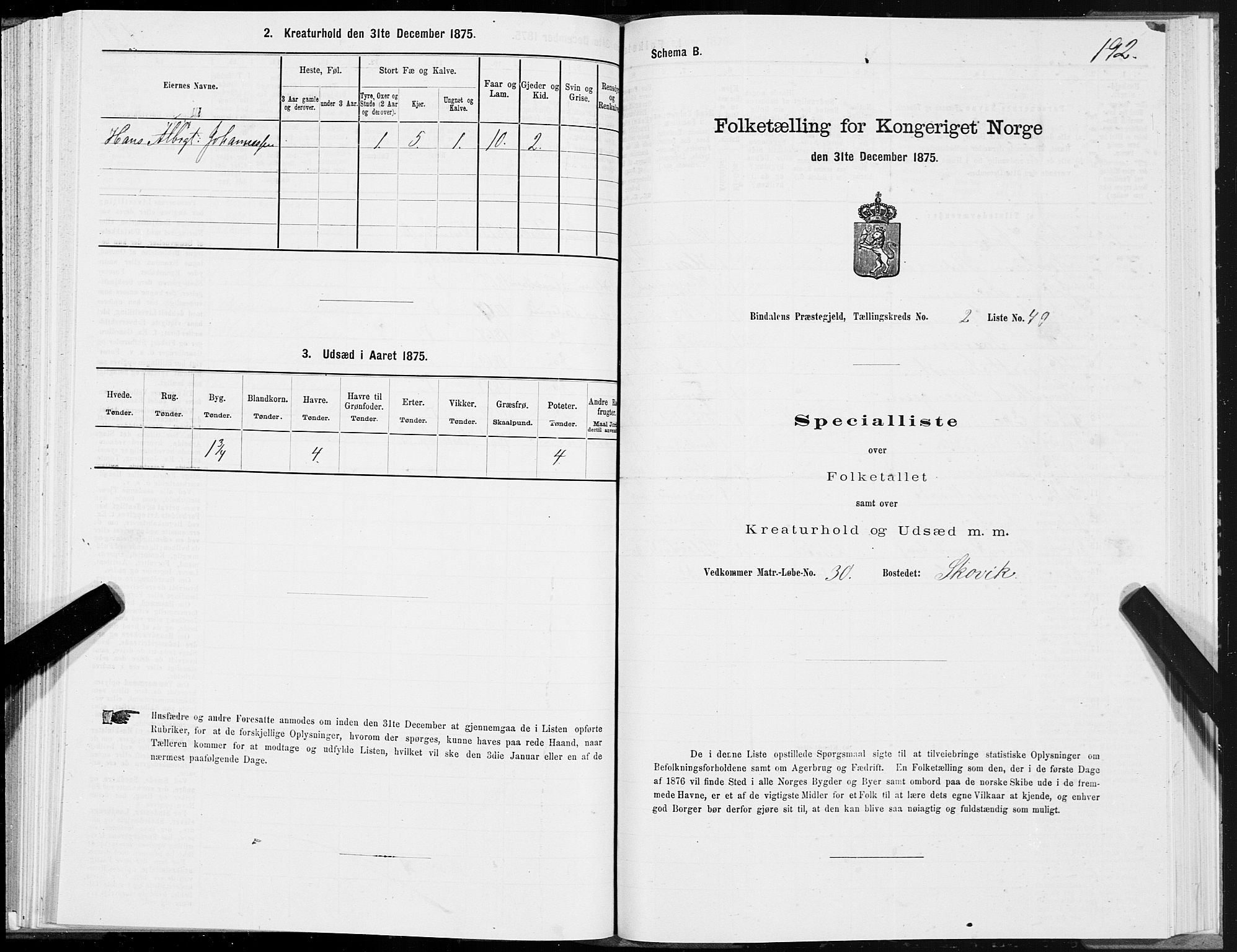 SAT, Folketelling 1875 for 1811P Bindal prestegjeld, 1875, s. 1192