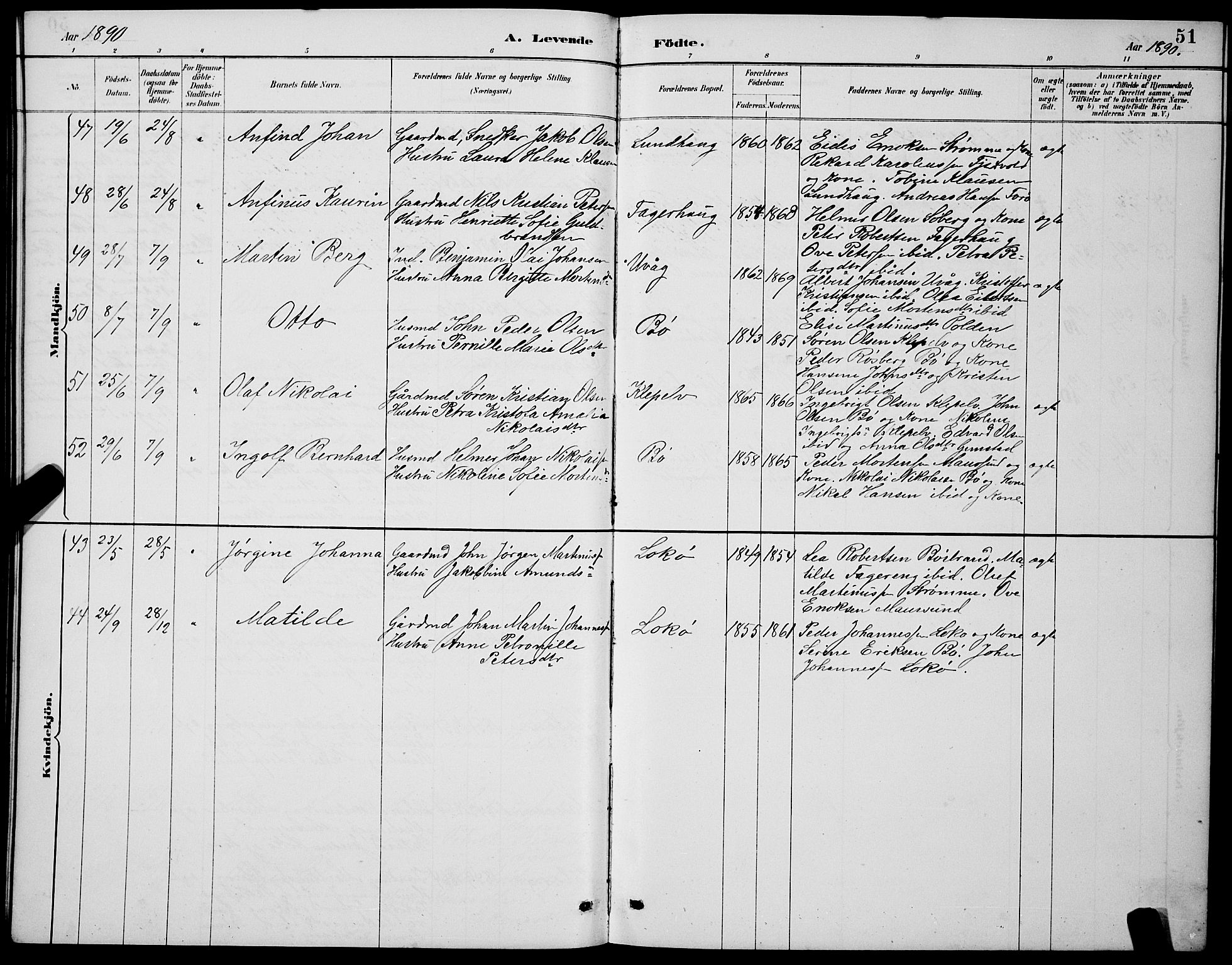 Ministerialprotokoller, klokkerbøker og fødselsregistre - Nordland, AV/SAT-A-1459/891/L1315: Klokkerbok nr. 891C04, 1886-1893, s. 51