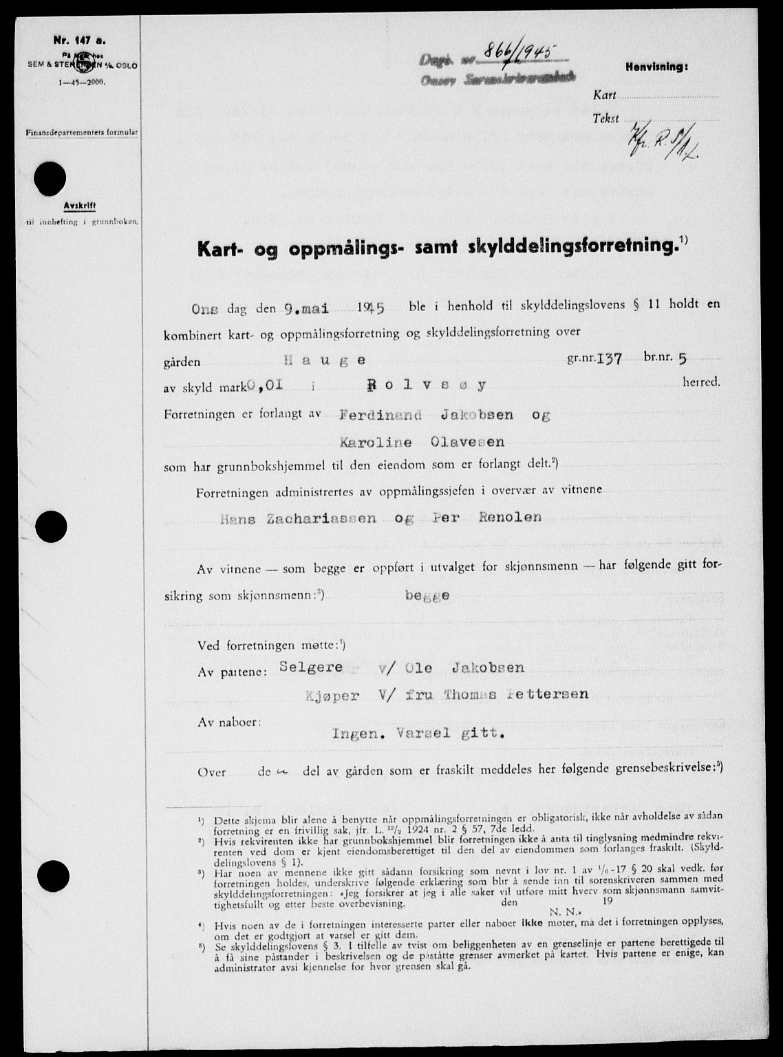 Onsøy sorenskriveri, SAO/A-10474/G/Ga/Gab/L0014: Pantebok nr. II A-14, 1944-1945, Dagboknr: 866/1945