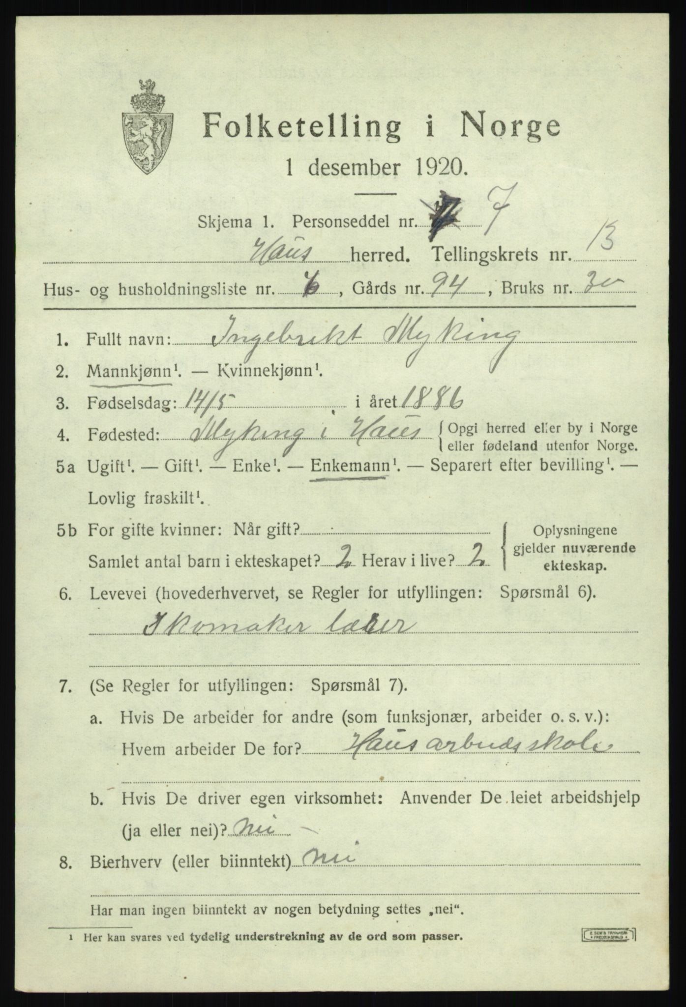 SAB, Folketelling 1920 for 1250 Haus herred, 1920, s. 8027