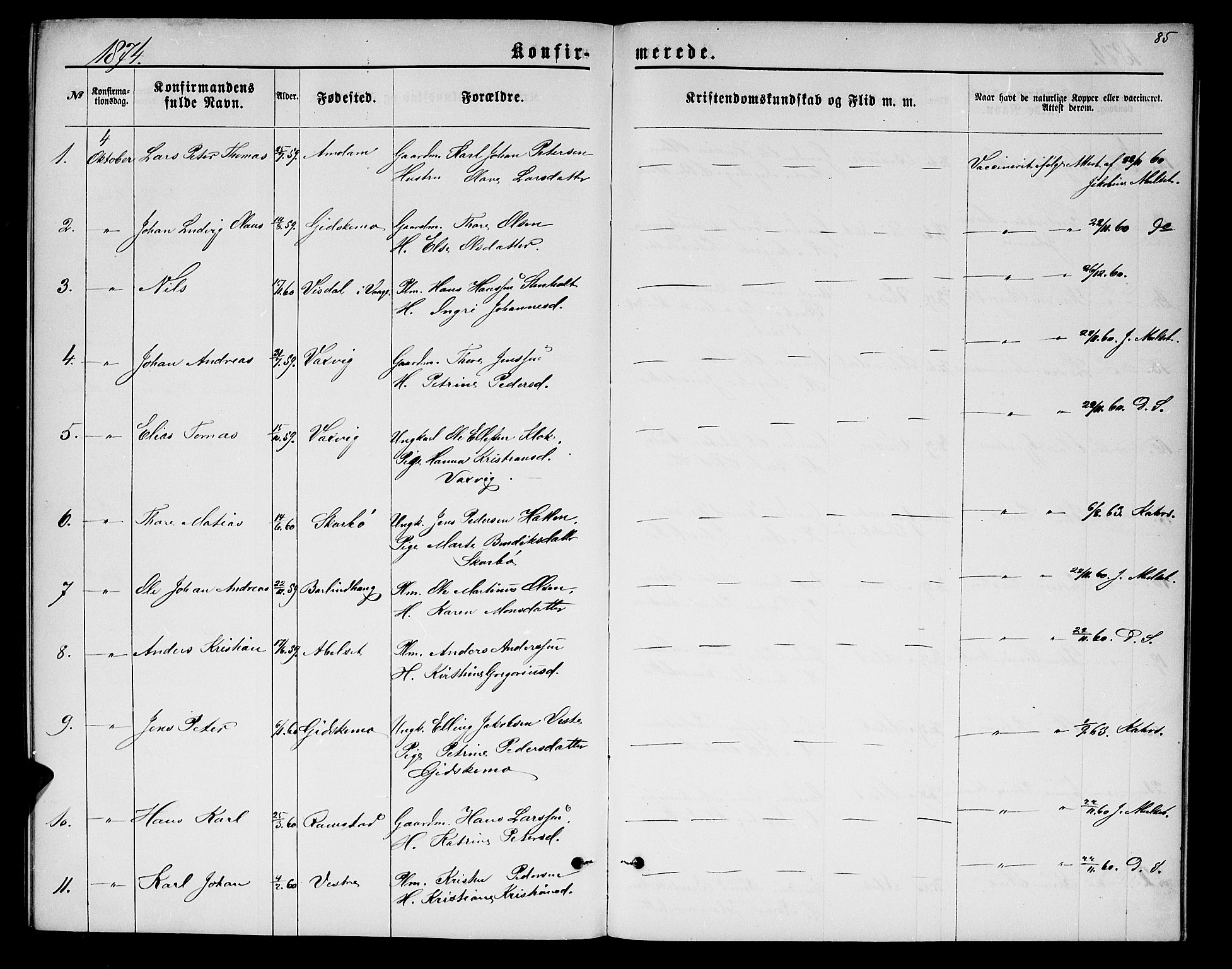 Ministerialprotokoller, klokkerbøker og fødselsregistre - Møre og Romsdal, AV/SAT-A-1454/522/L0325: Klokkerbok nr. 522C04, 1872-1877, s. 85