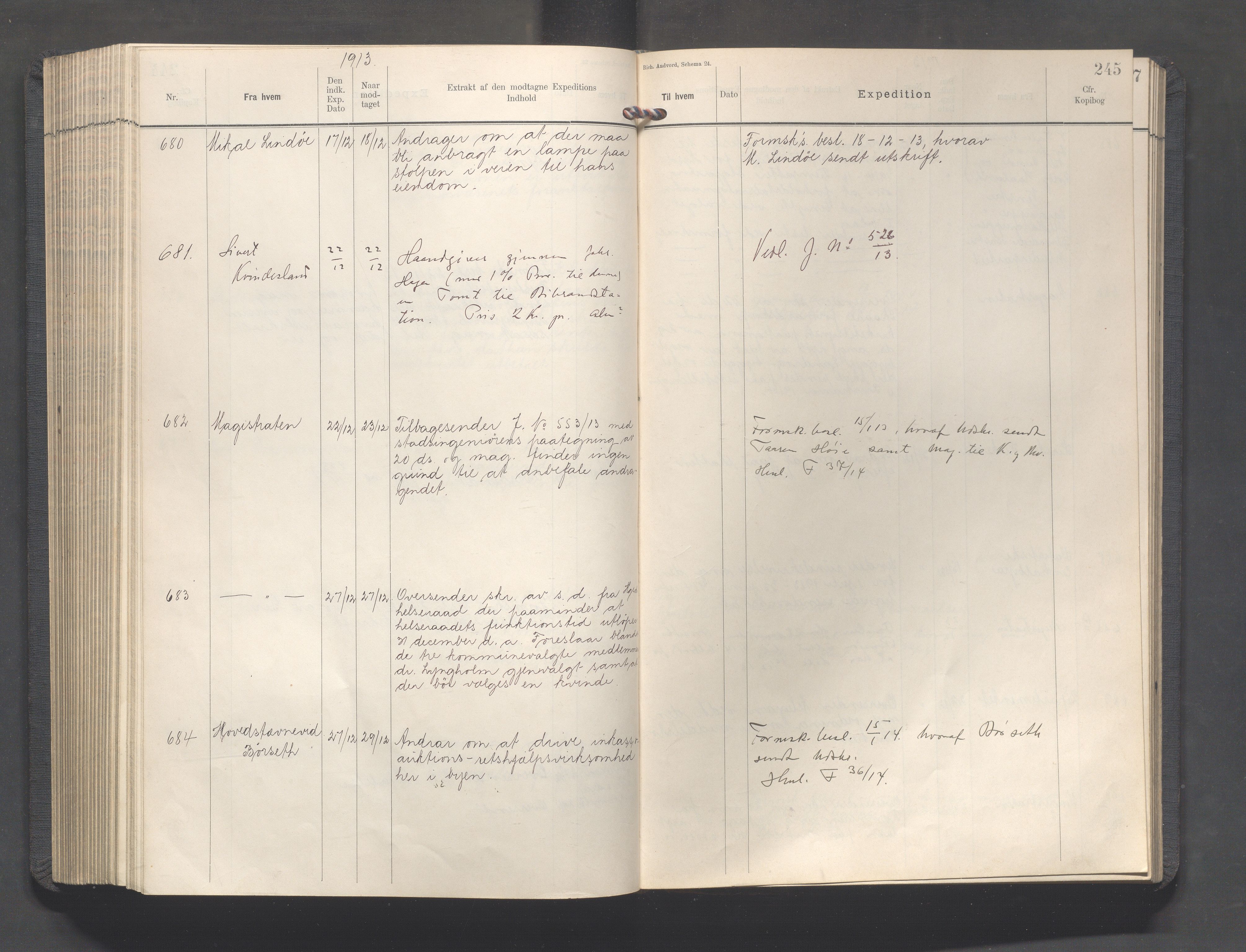 Haugesund kommune - Formannskapet, IKAR/X-0001/C/L0005: Journal, 1912-1914, s. 245