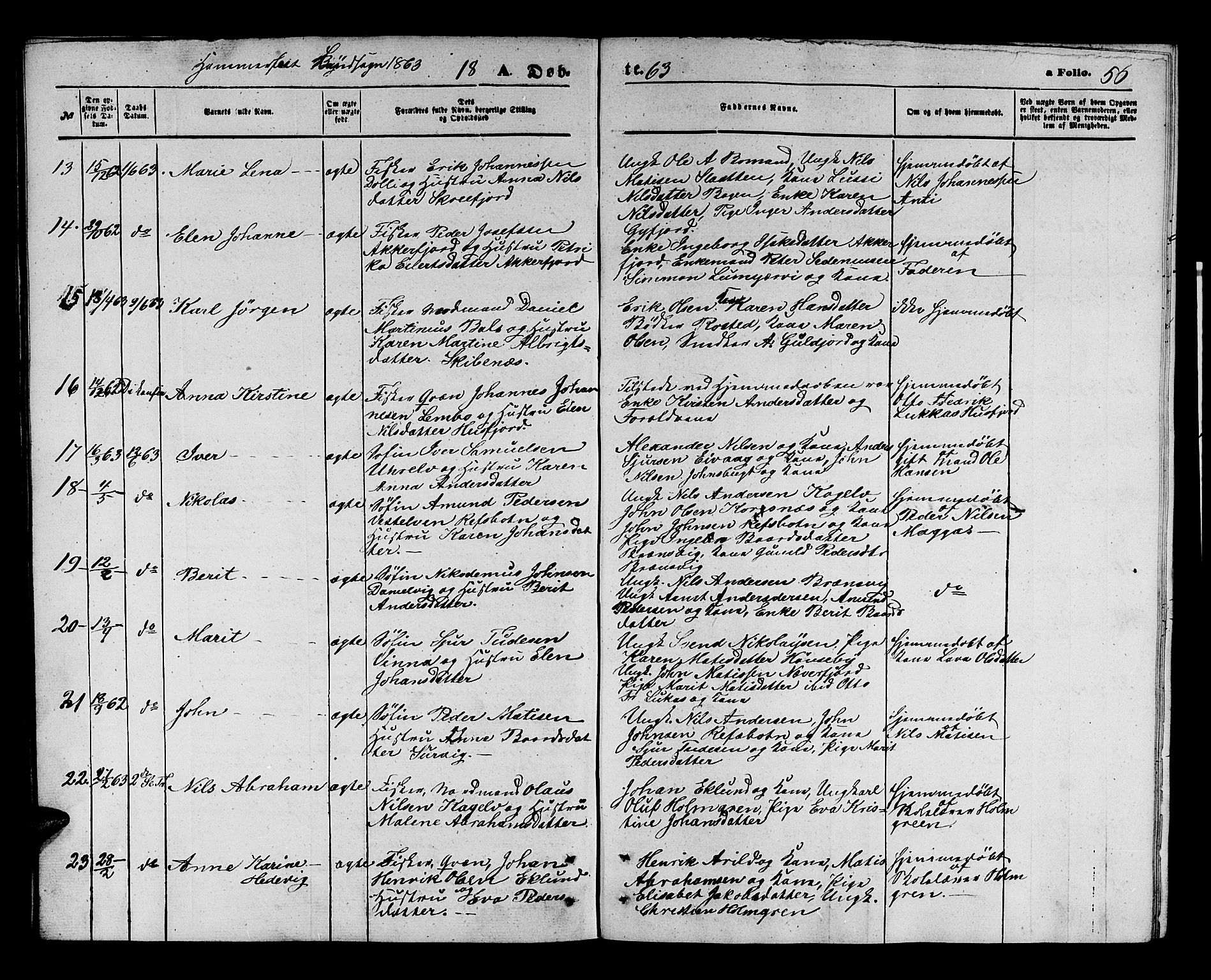 Hammerfest sokneprestkontor, AV/SATØ-S-1347/H/Hb/L0003.klokk: Klokkerbok nr. 3 /2, 1863-1868, s. 56