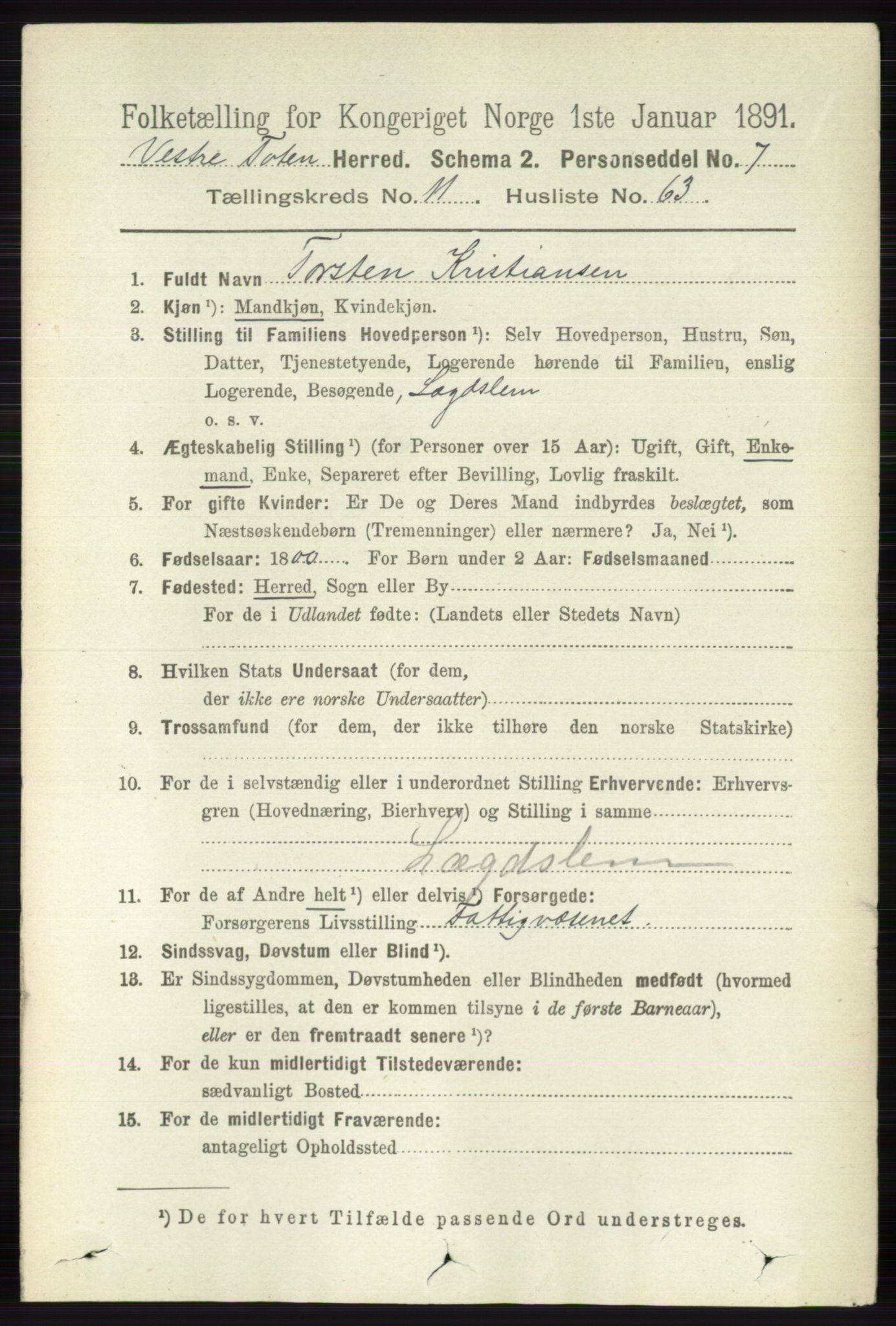 RA, Folketelling 1891 for 0529 Vestre Toten herred, 1891, s. 7091
