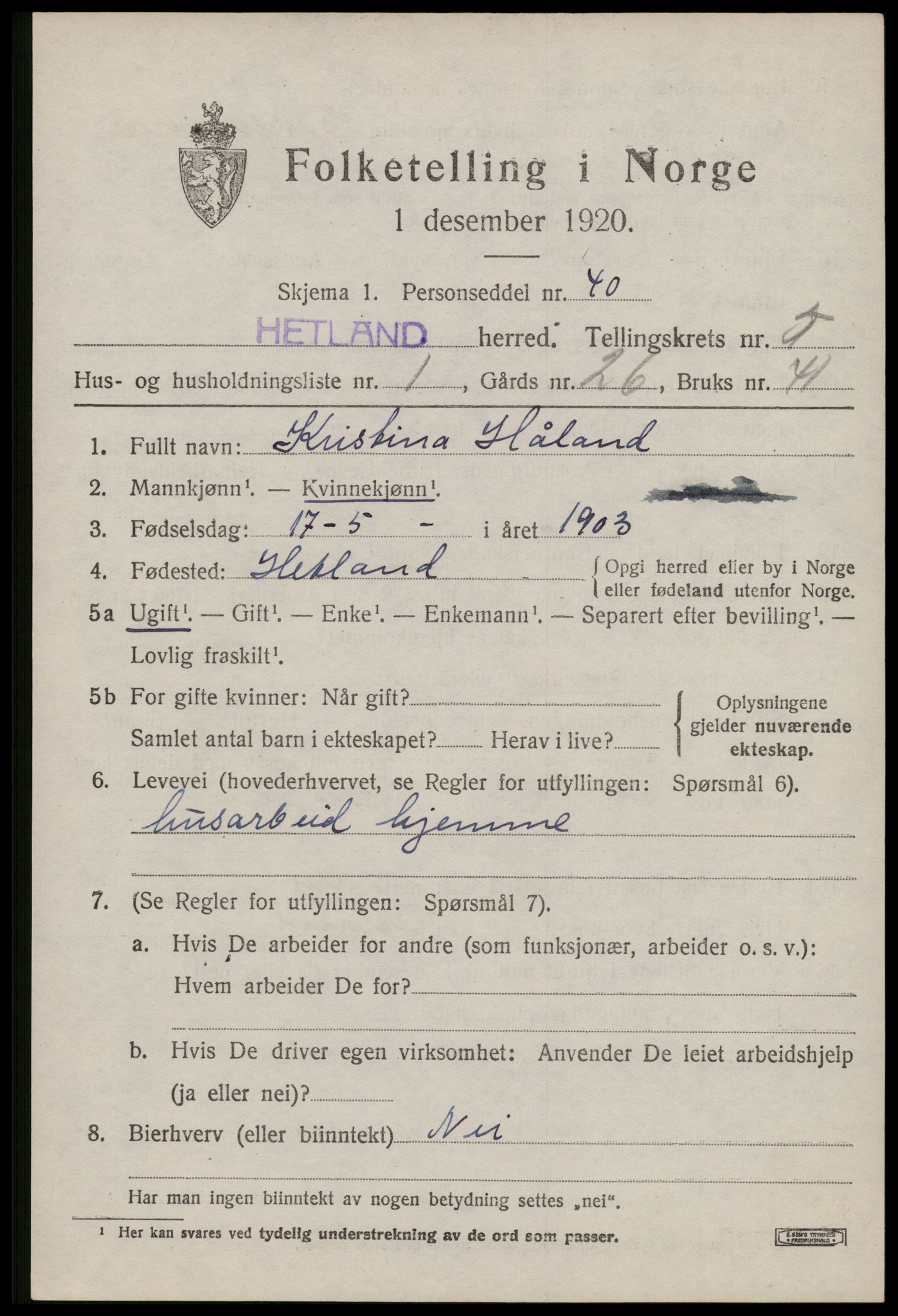 SAST, Folketelling 1920 for 1126 Hetland herred, 1920, s. 8229