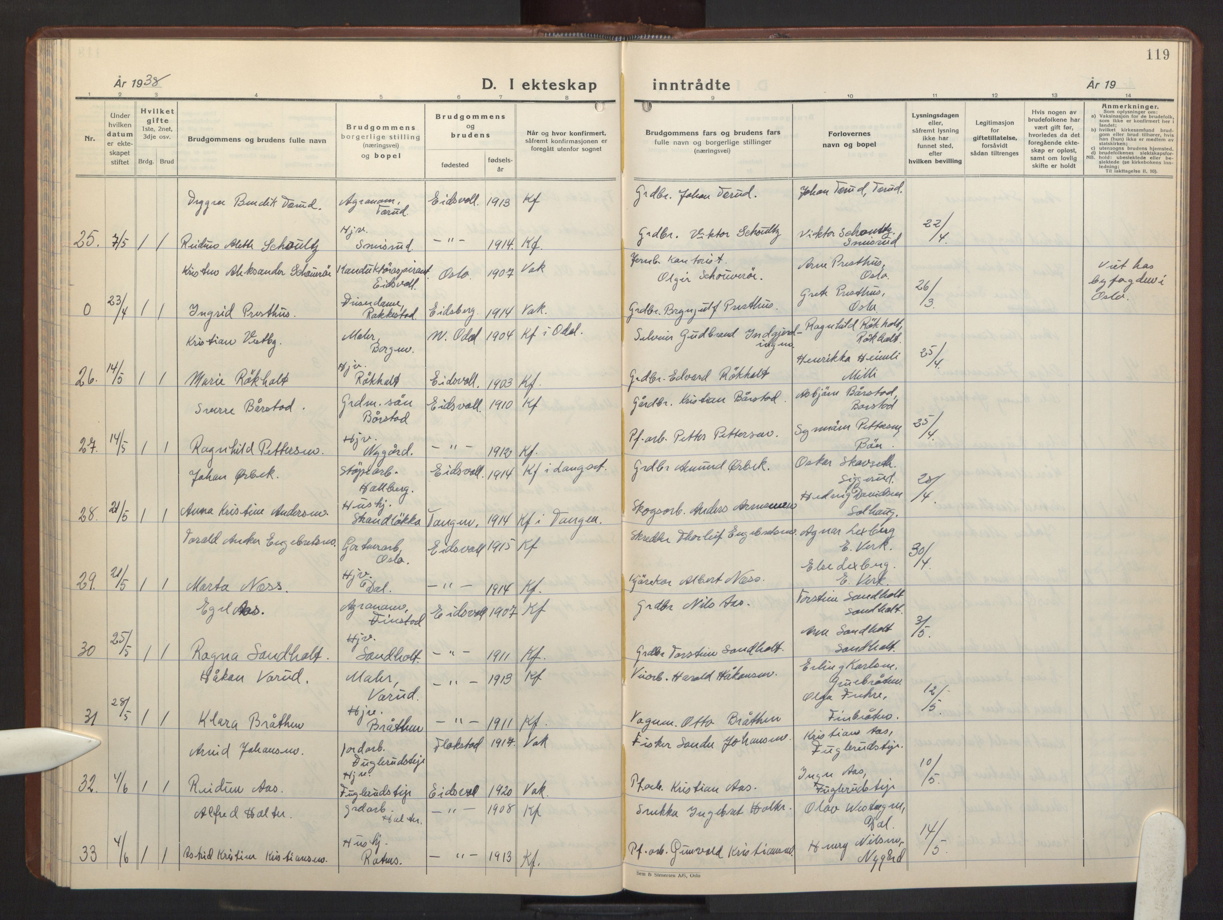 Eidsvoll prestekontor Kirkebøker, AV/SAO-A-10888/G/Ga/L0013: Klokkerbok nr. I 13, 1936-1953, s. 119