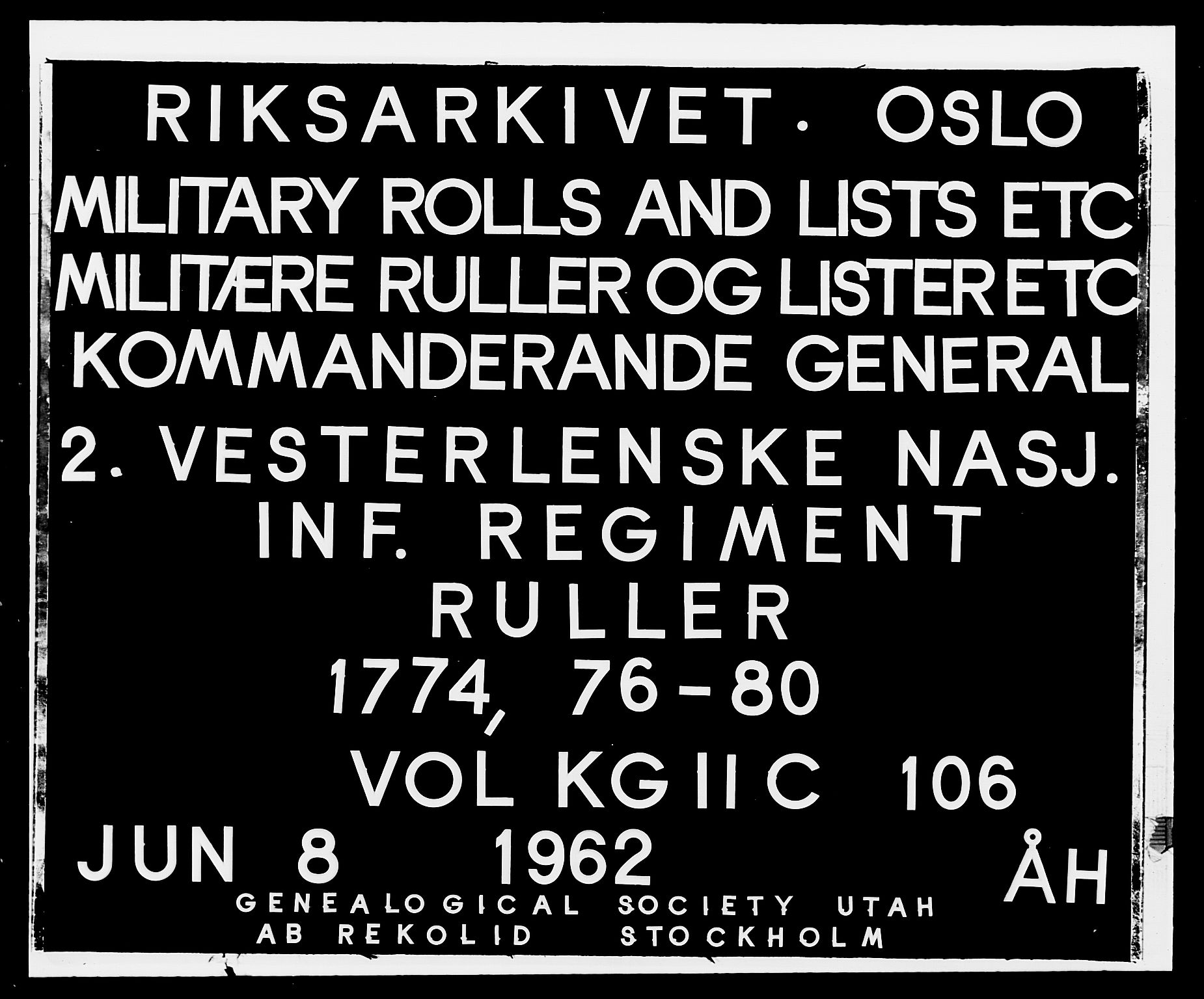 Generalitets- og kommissariatskollegiet, Det kongelige norske kommissariatskollegium, RA/EA-5420/E/Eh/L0106: 2. Vesterlenske nasjonale infanteriregiment, 1774-1780, s. 1