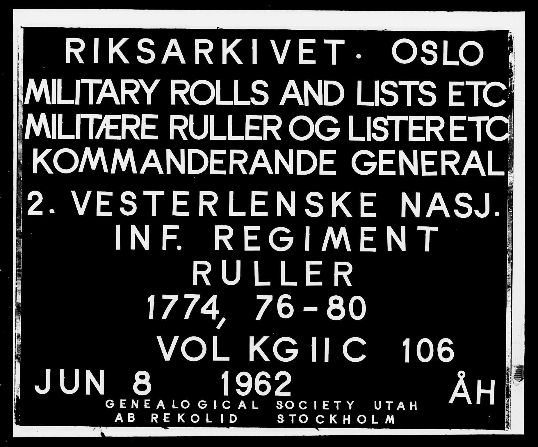 Generalitets- og kommissariatskollegiet, Det kongelige norske kommissariatskollegium, AV/RA-EA-5420/E/Eh/L0106: 2. Vesterlenske nasjonale infanteriregiment, 1774-1780, s. 1