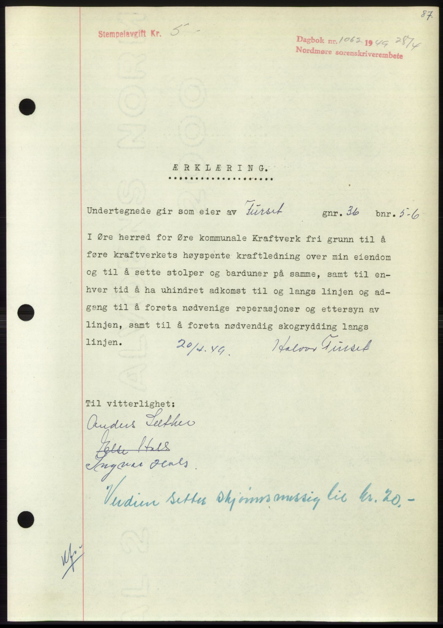 Nordmøre sorenskriveri, SAT/A-4132/1/2/2Ca: Pantebok nr. B101, 1949-1949, Dagboknr: 1062/1949