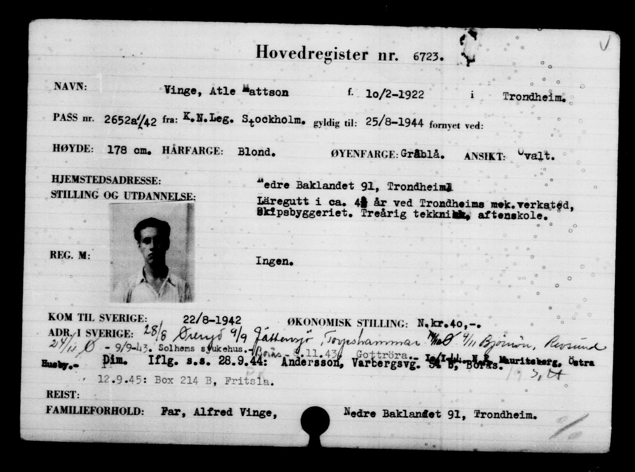 Utenriksstasjonene, Legasjonen i Stockholm, Flyktningkontoret, AV/RA-S-6753/V/Va/L0005: Kjesäterkartoteket, flyktninger med registreringsnr. 6600-9417, 1940-1945, s. 153