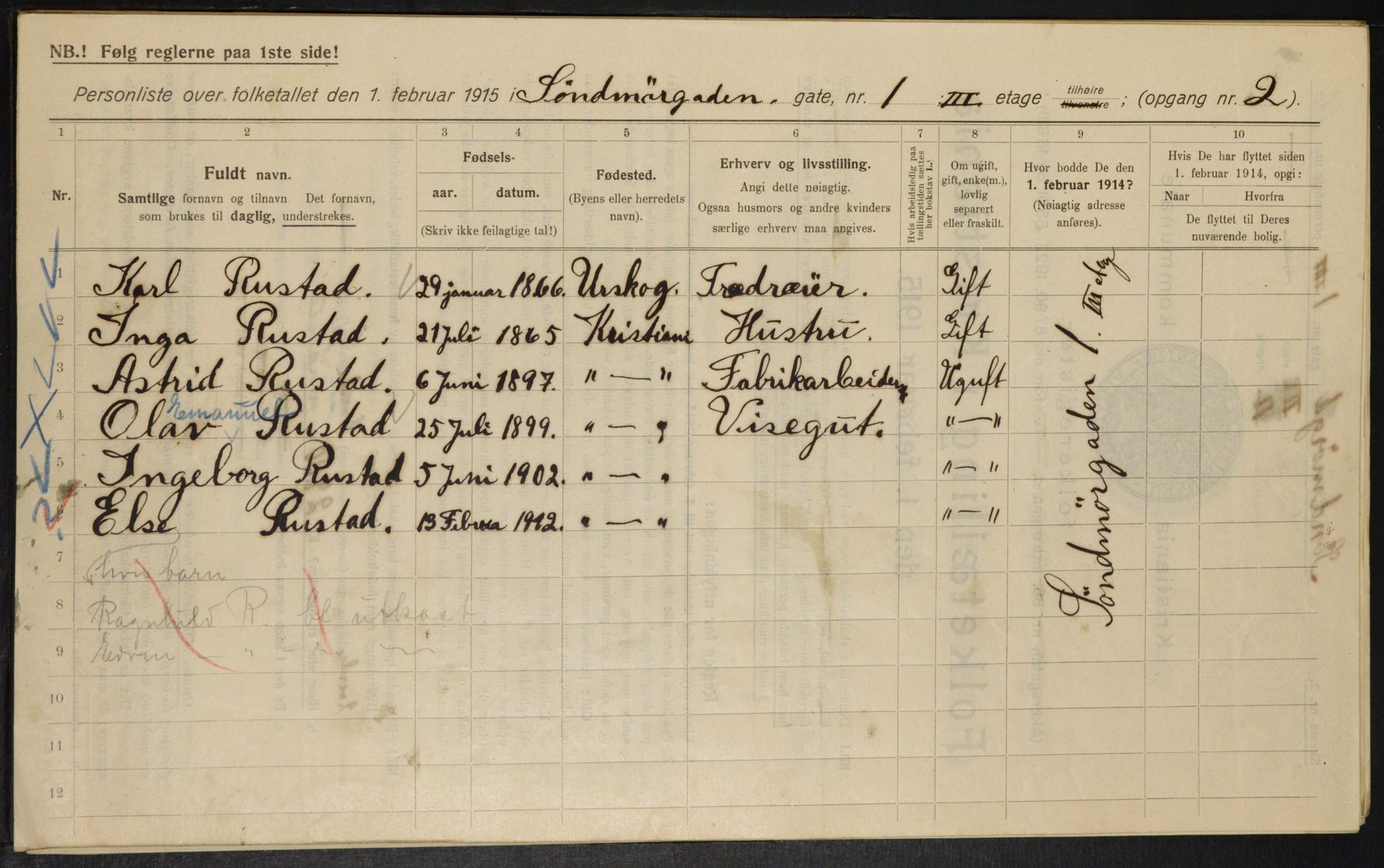 OBA, Kommunal folketelling 1.2.1915 for Kristiania, 1915, s. 104939