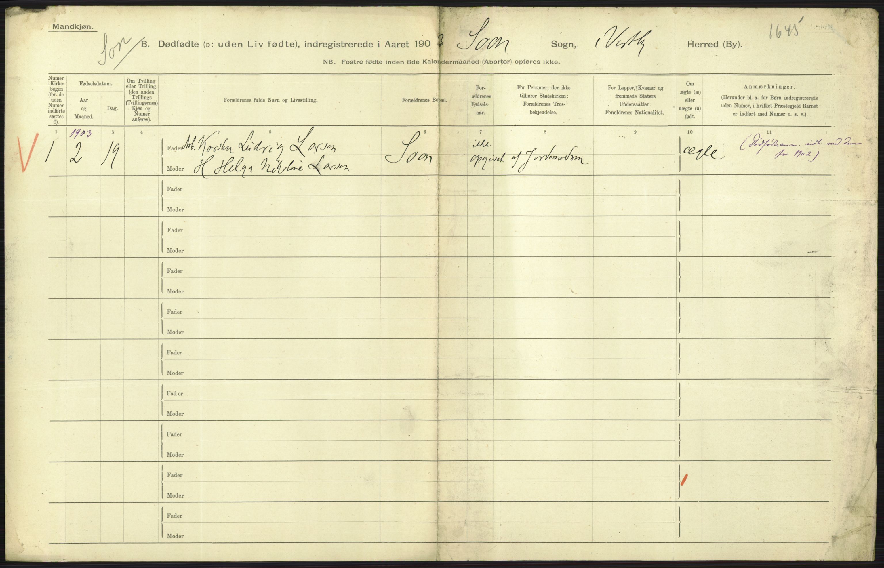 Statistisk sentralbyrå, Sosiodemografiske emner, Befolkning, RA/S-2228/D/Df/Dfa/Dfaa/L0026: Smålenenes - Finnmarkens amt: Dødfødte. Byer., 1903, s. 215