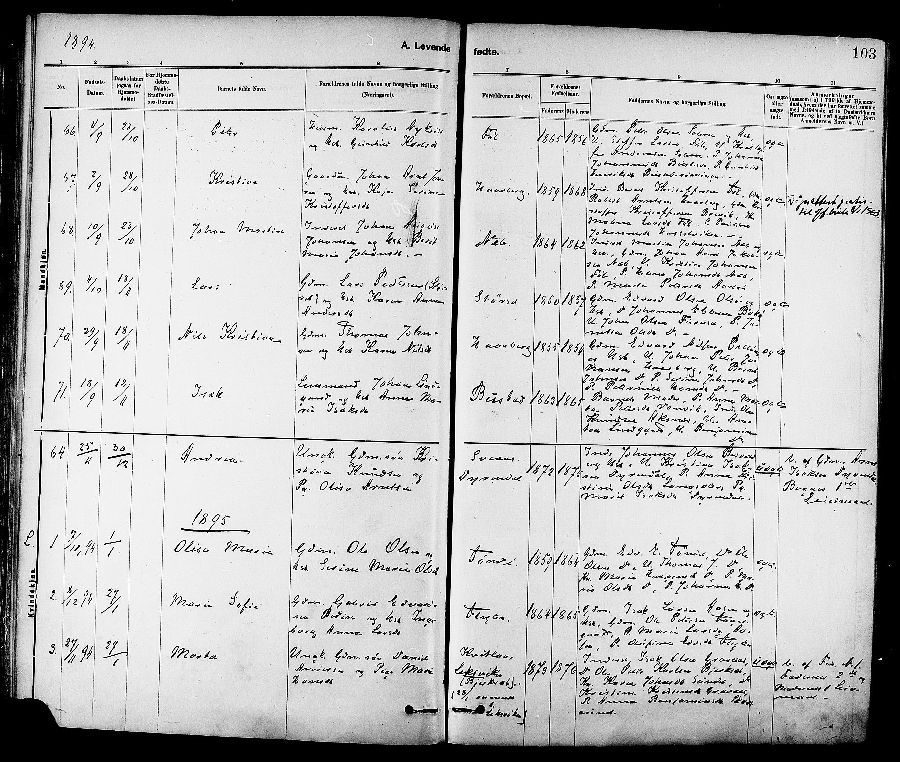 Ministerialprotokoller, klokkerbøker og fødselsregistre - Sør-Trøndelag, AV/SAT-A-1456/647/L0634: Ministerialbok nr. 647A01, 1885-1896, s. 103