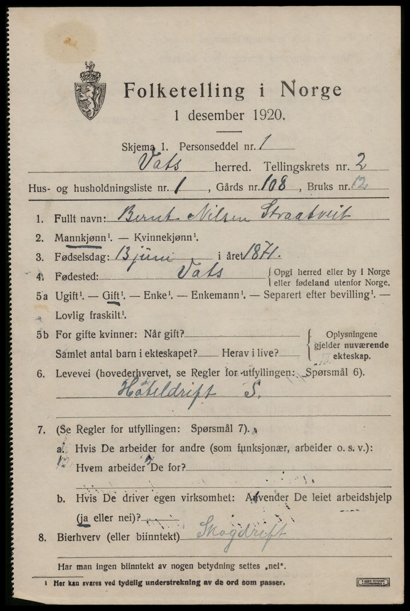 SAST, Folketelling 1920 for 1155 Vats herred, 1920, s. 811