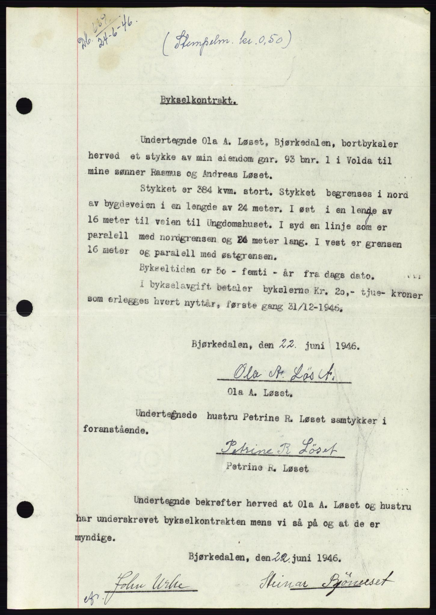 Søre Sunnmøre sorenskriveri, SAT/A-4122/1/2/2C/L0078: Pantebok nr. 4A, 1946-1946, Dagboknr: 669/1946