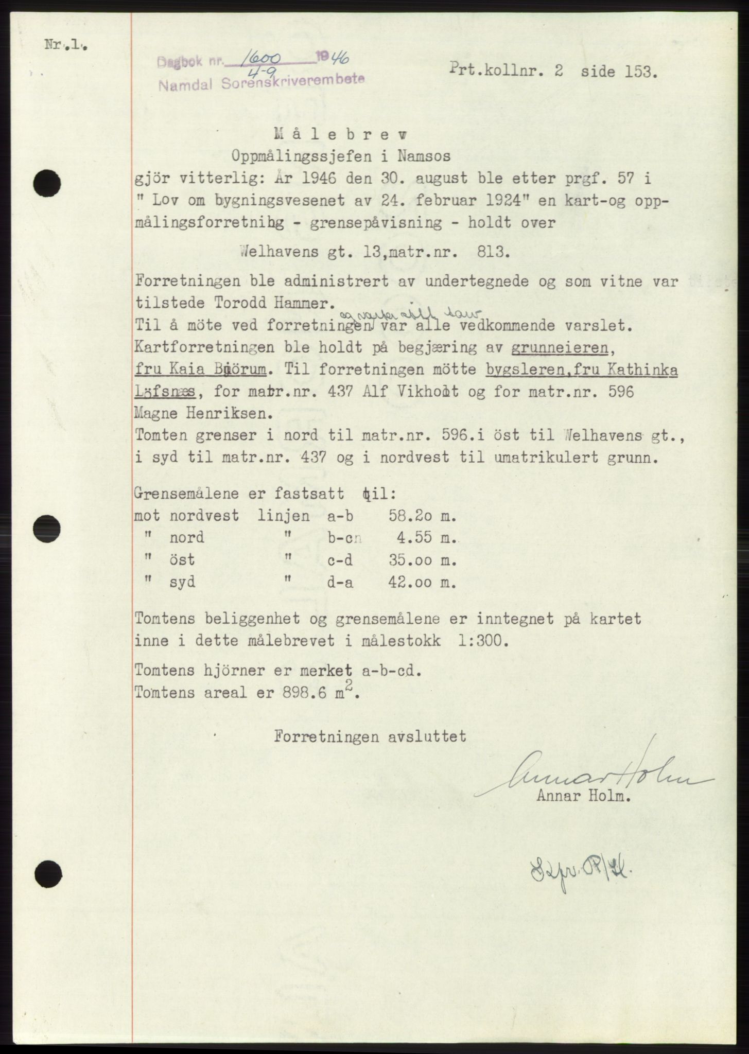 Namdal sorenskriveri, SAT/A-4133/1/2/2C: Pantebok nr. -, 1946-1947, Dagboknr: 1600/1946
