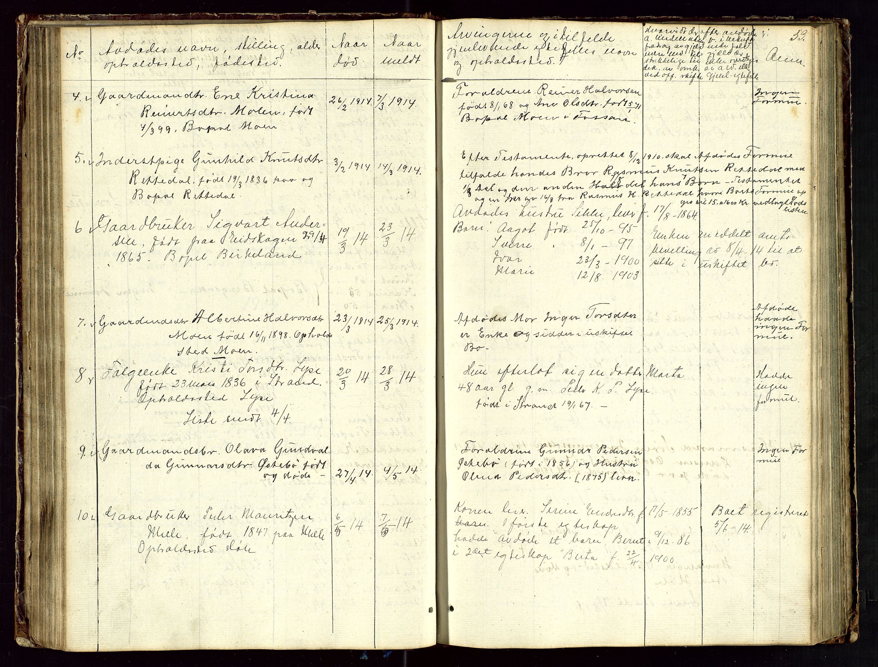 Høle og Forsand lensmannskontor, SAST/A-100127/Gga/L0002: "Dødsanmeldelsesprotokol", 1903-1919, s. 53