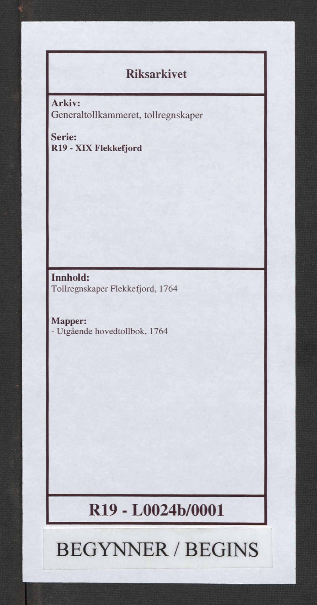 Generaltollkammeret, tollregnskaper, RA/EA-5490/R19/L0024b/0001: Tollregnskaper Flekkefjord / Utgående hovedtollbok, 1764