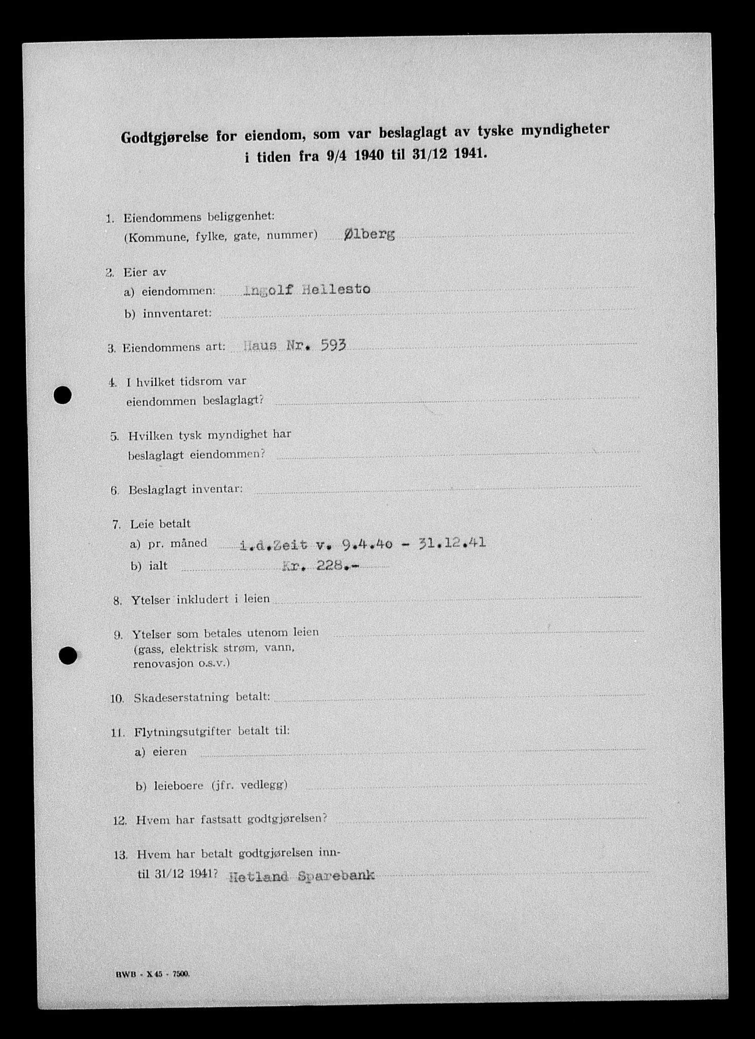 Justisdepartementet, Tilbakeføringskontoret for inndratte formuer, AV/RA-S-1564/I/L1014: Godtgjørelse for beslaglagt eiendom, 1940-1941, s. 326