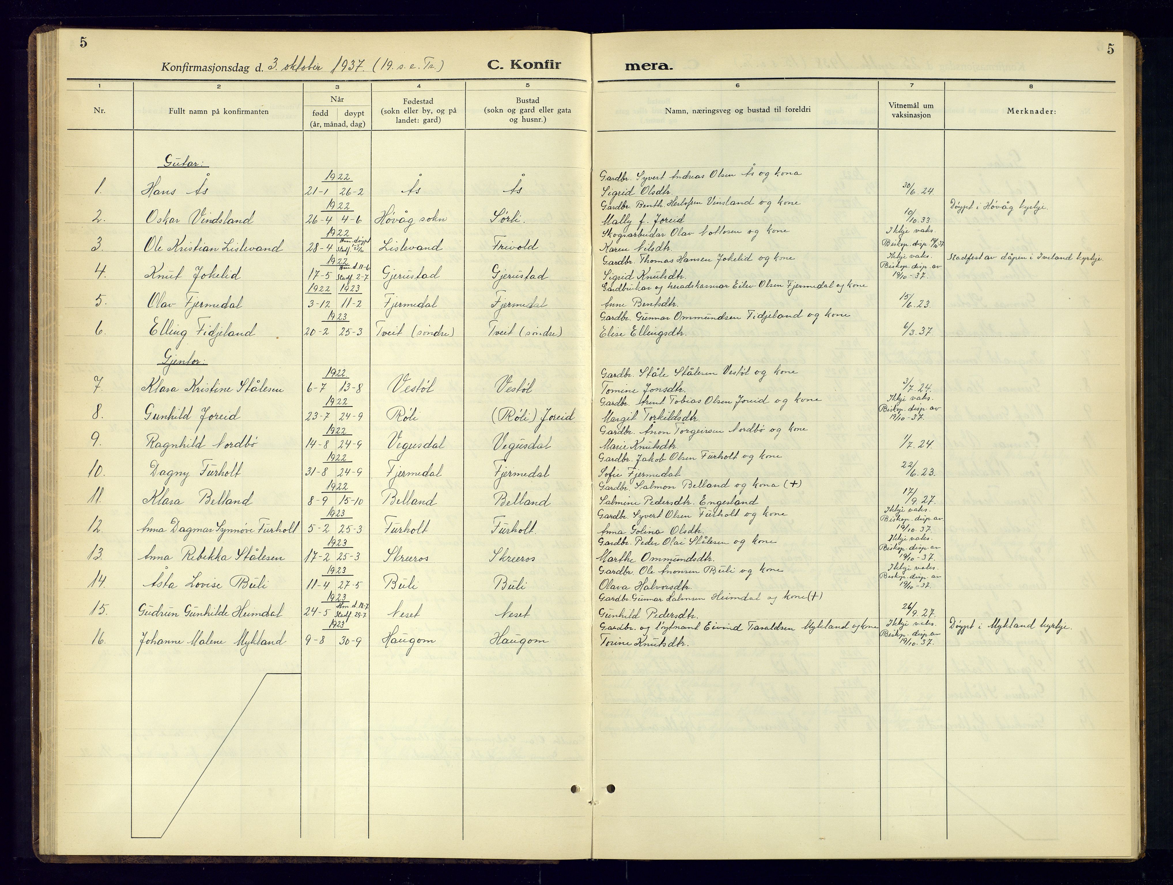 Herefoss sokneprestkontor, AV/SAK-1111-0019/F/Fb/Fbb/L0005: Klokkerbok nr. B-5, 1933-1961, s. 5