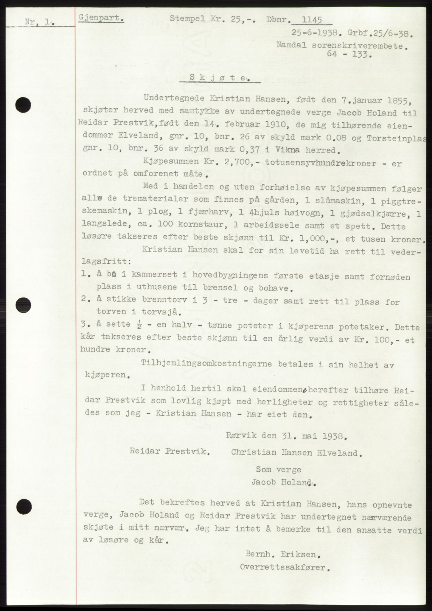 Namdal sorenskriveri, SAT/A-4133/1/2/2C: Pantebok nr. -, 1937-1939, Tingl.dato: 25.06.1938