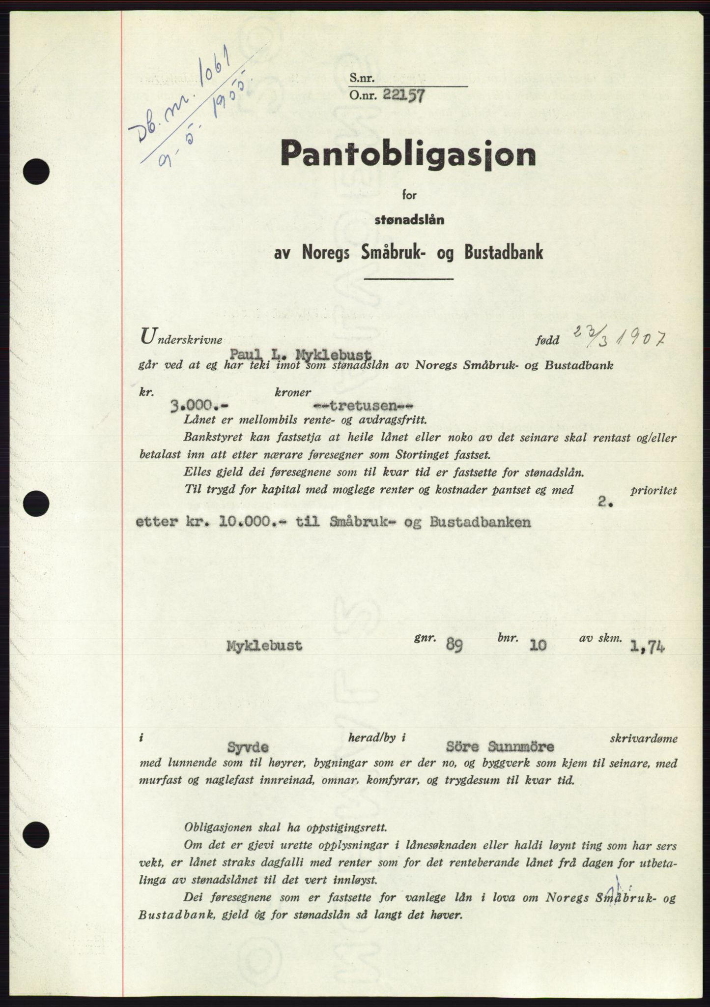 Søre Sunnmøre sorenskriveri, AV/SAT-A-4122/1/2/2C/L0126: Pantebok nr. 14B, 1954-1955, Dagboknr: 1061/1955