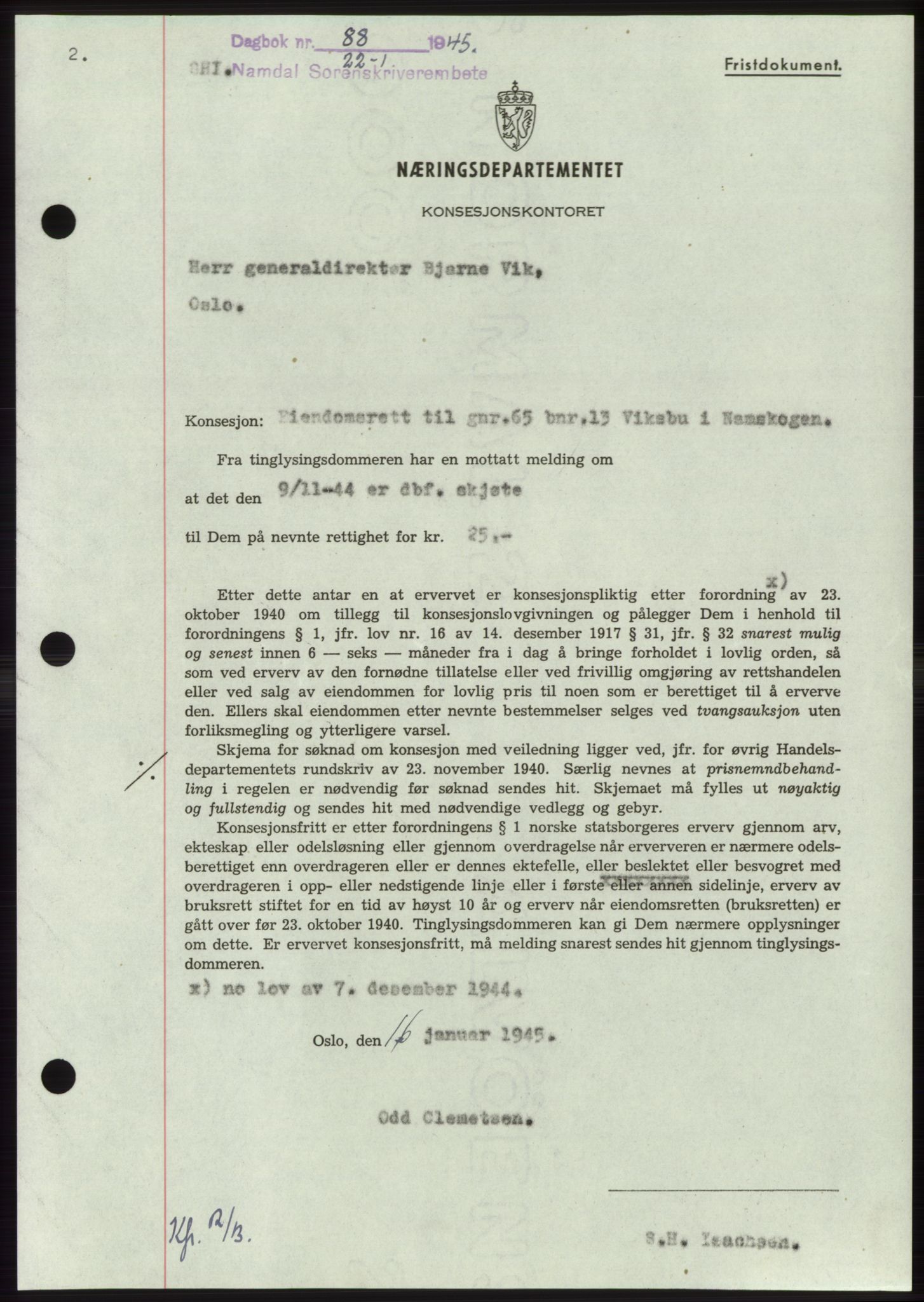 Namdal sorenskriveri, SAT/A-4133/1/2/2C: Pantebok nr. -, 1944-1945, Dagboknr: 88/1945