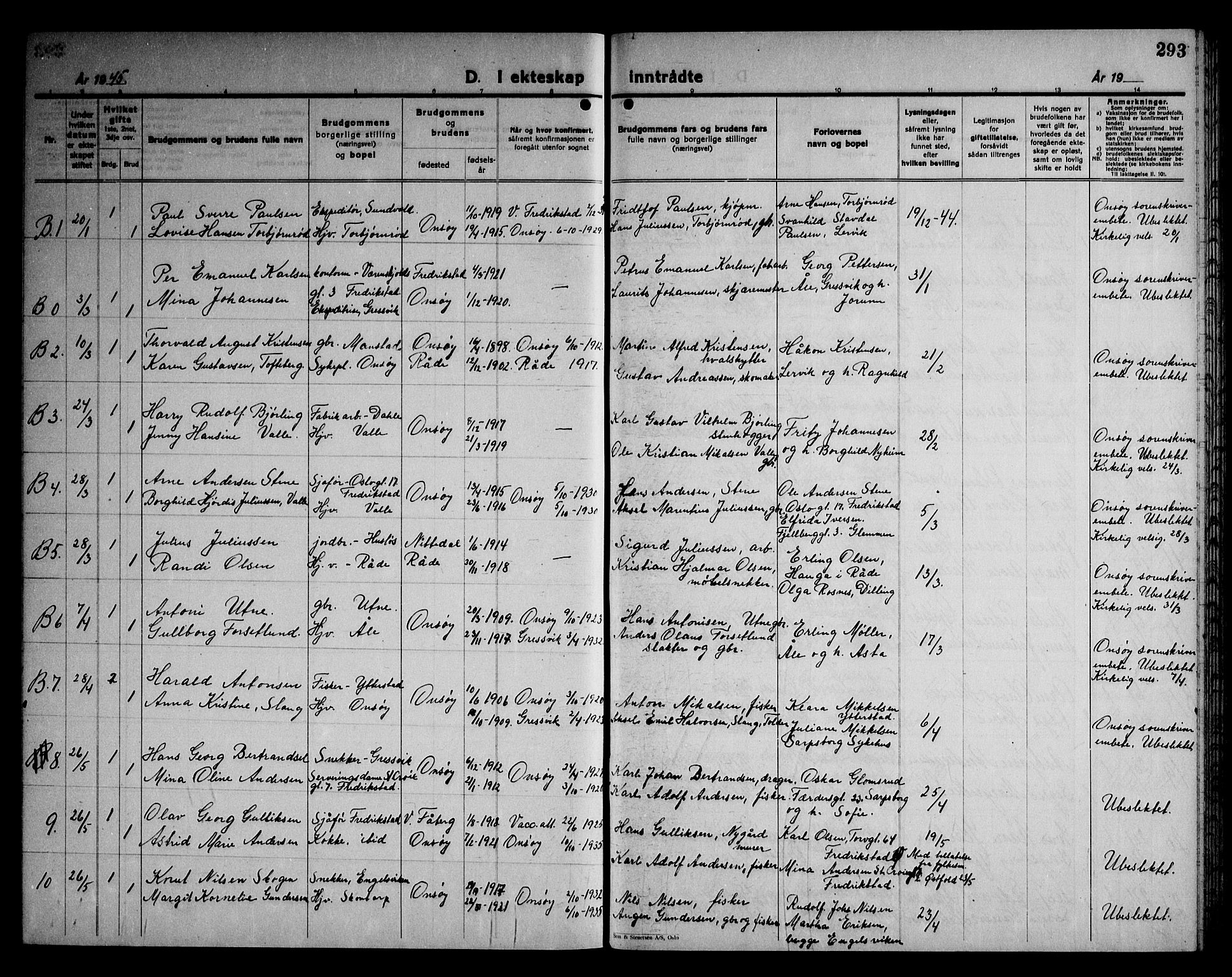 Onsøy prestekontor Kirkebøker, AV/SAO-A-10914/G/Ga/L0005: Klokkerbok nr. I 5, 1927-1948, s. 293