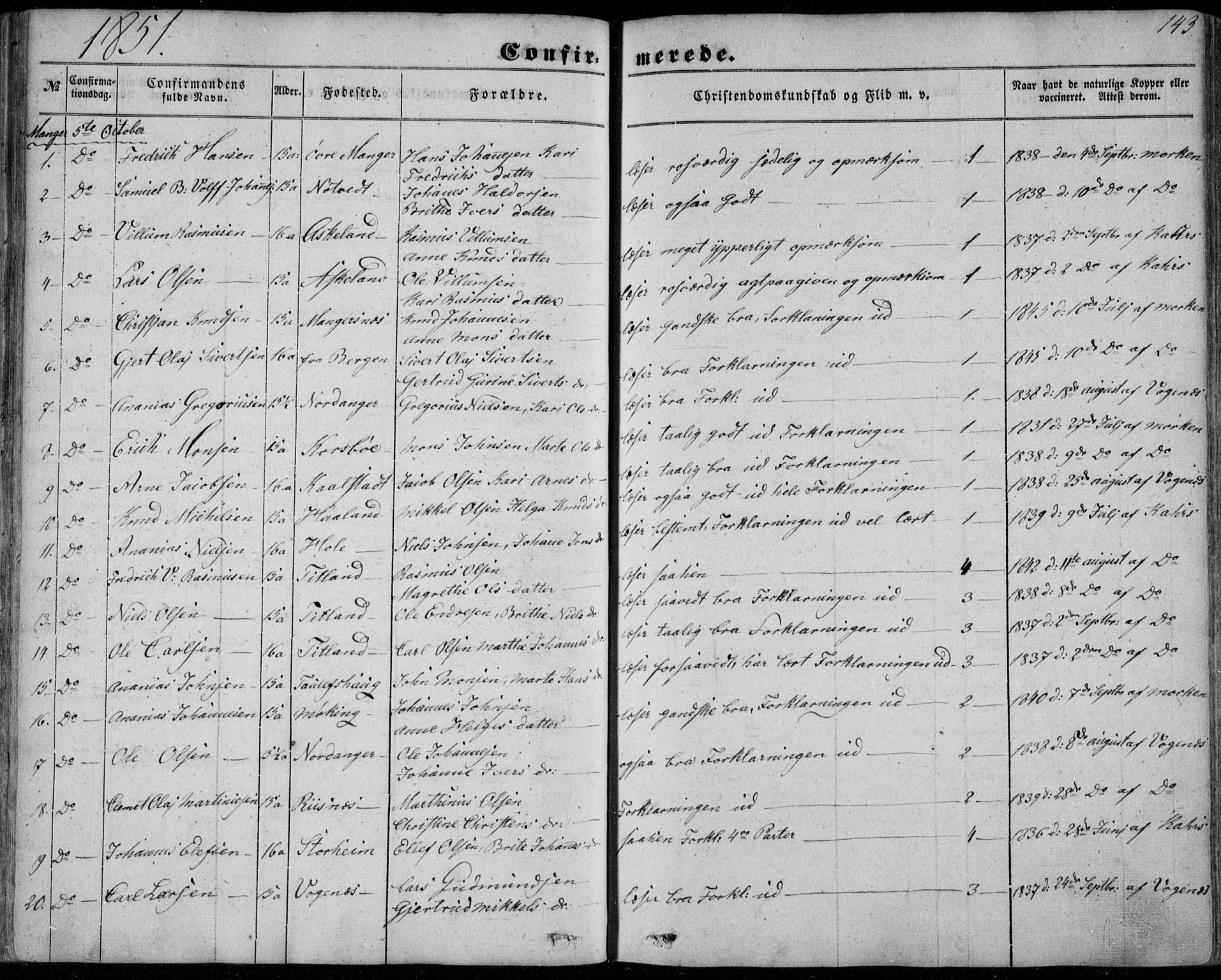 Manger sokneprestembete, AV/SAB-A-76801/H/Haa: Ministerialbok nr. A 6, 1849-1859, s. 143