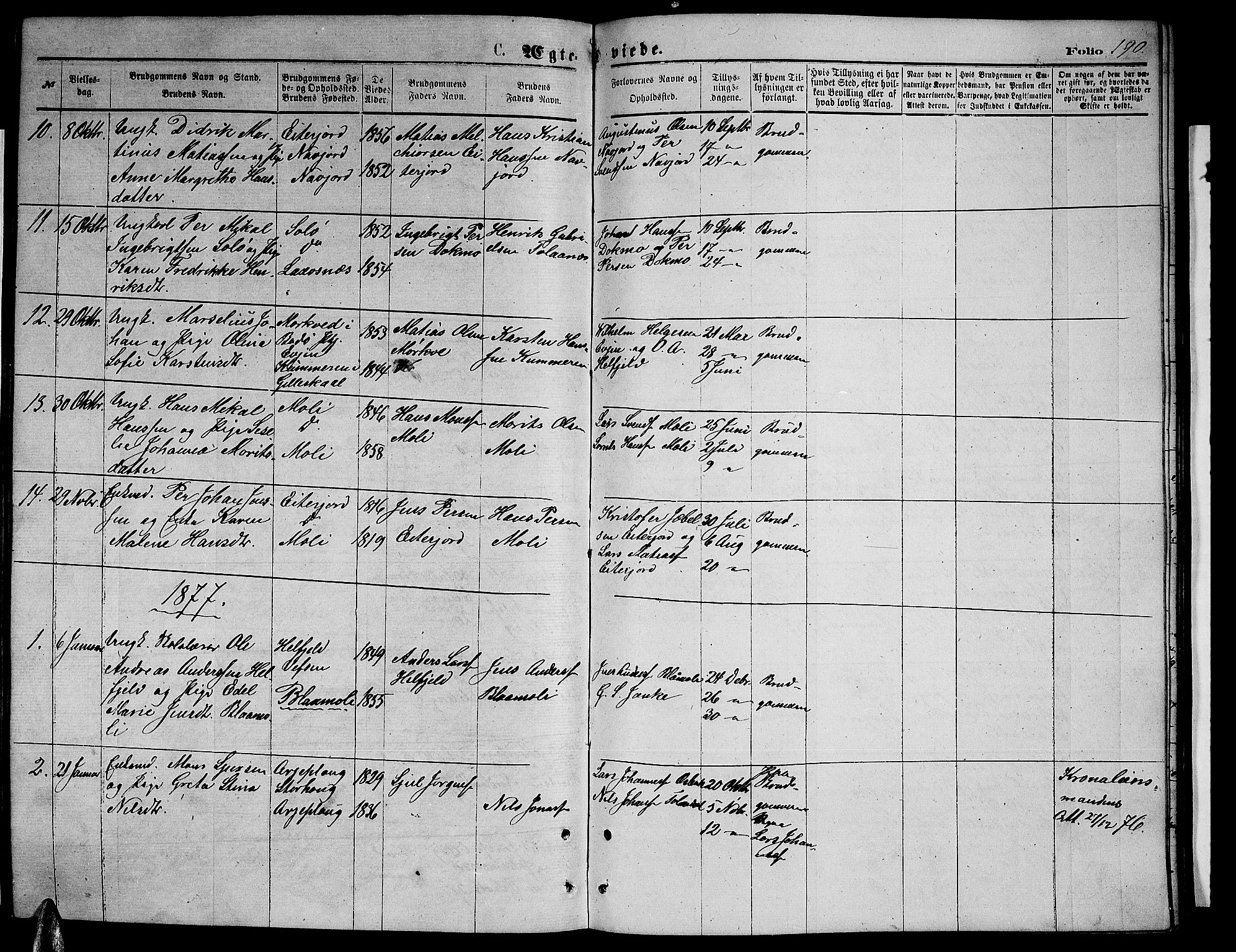 Ministerialprotokoller, klokkerbøker og fødselsregistre - Nordland, SAT/A-1459/846/L0653: Klokkerbok nr. 846C03, 1872-1887, s. 190