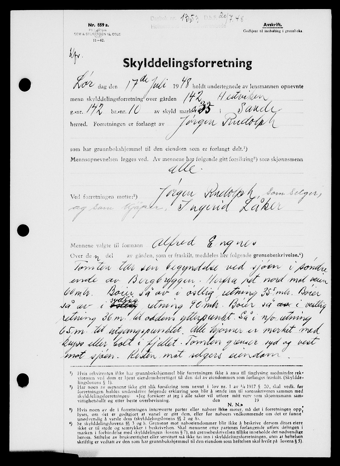 Holmestrand sorenskriveri, SAKO/A-67/G/Ga/Gaa/L0064: Pantebok nr. A-64, 1948-1948, Dagboknr: 1353/1948