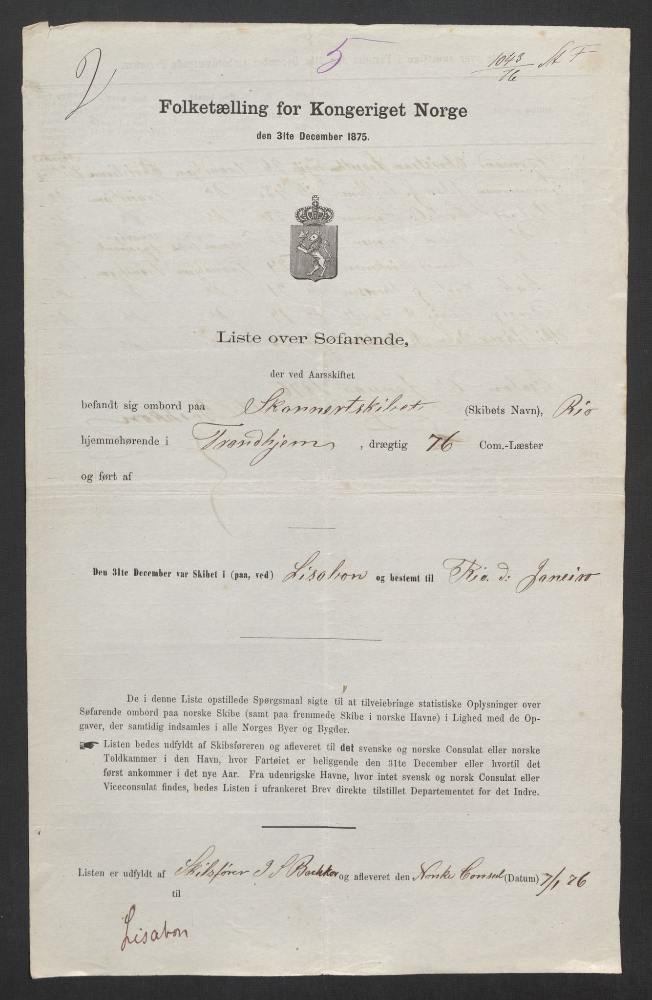 RA, Folketelling 1875, skipslister: Skip i utenrikske havner, hjemmehørende i 1) byer og ladesteder, Grimstad - Tromsø, 2) landdistrikter, 1875, s. 1077