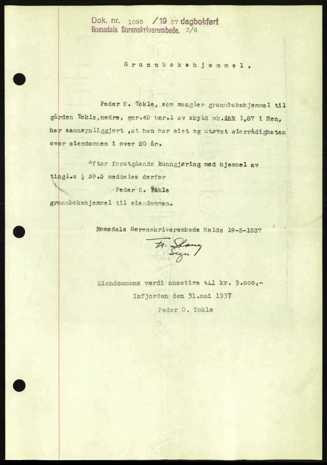 Romsdal sorenskriveri, SAT/A-4149/1/2/2C: Pantebok nr. A3, 1937-1937, Dagboknr: 1095/1937