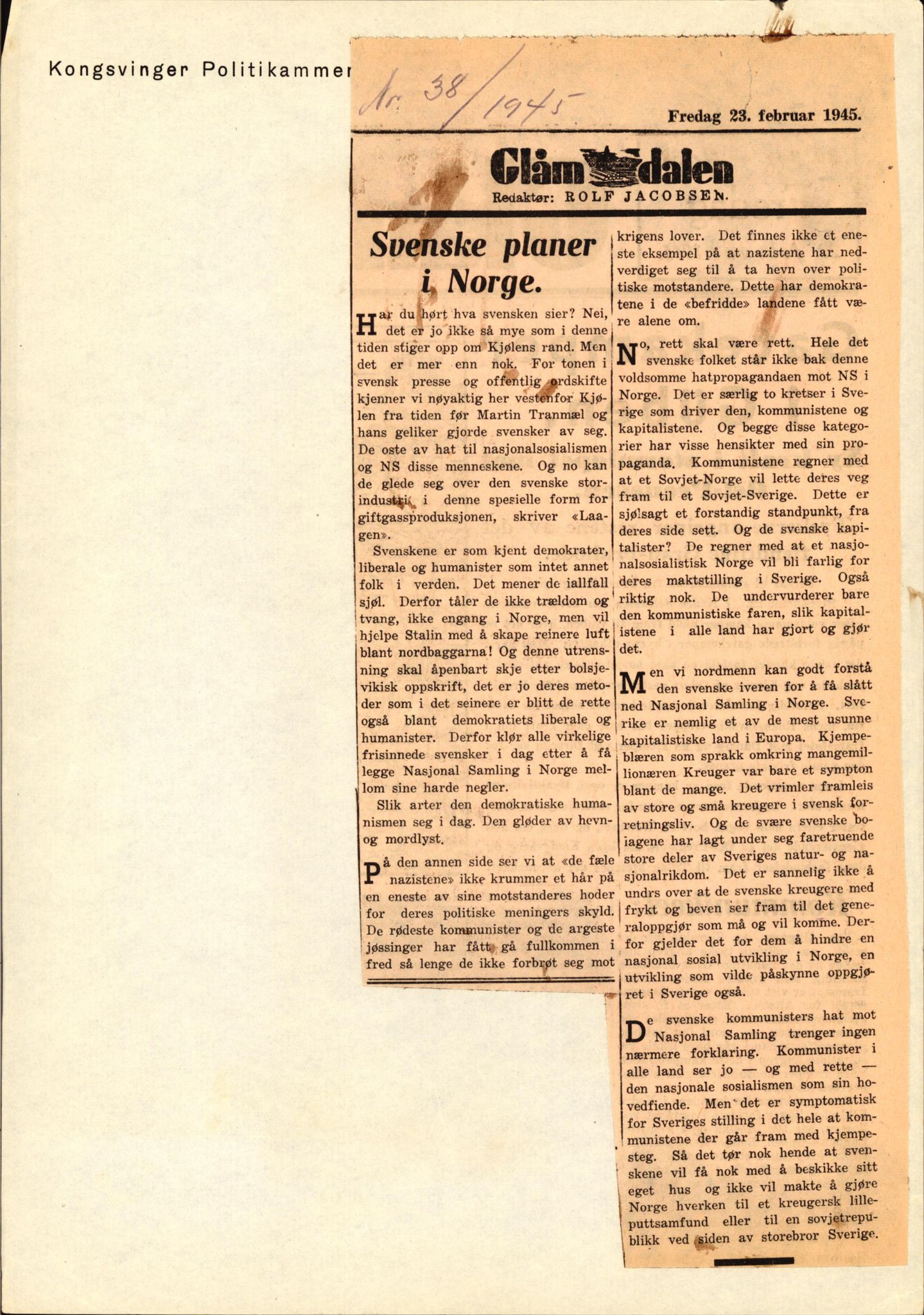 Landssvikarkivet, Kongsvinger politikammer, RA/S-3138-08/Da/L0055/0797: Saker / Anr. 555/45, 1945-1946, s. 68