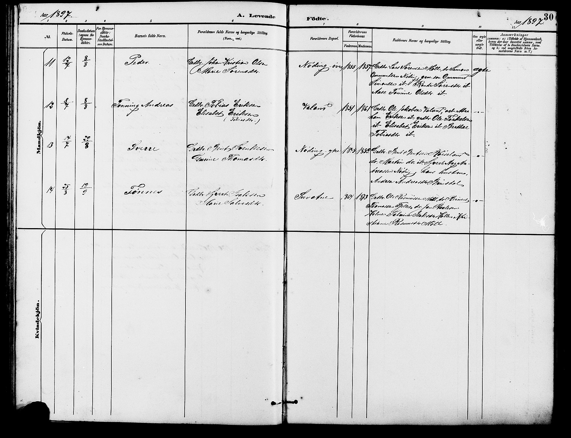 Holum sokneprestkontor, AV/SAK-1111-0022/F/Fb/Fba/L0005: Klokkerbok nr. B 5, 1891-1909, s. 30