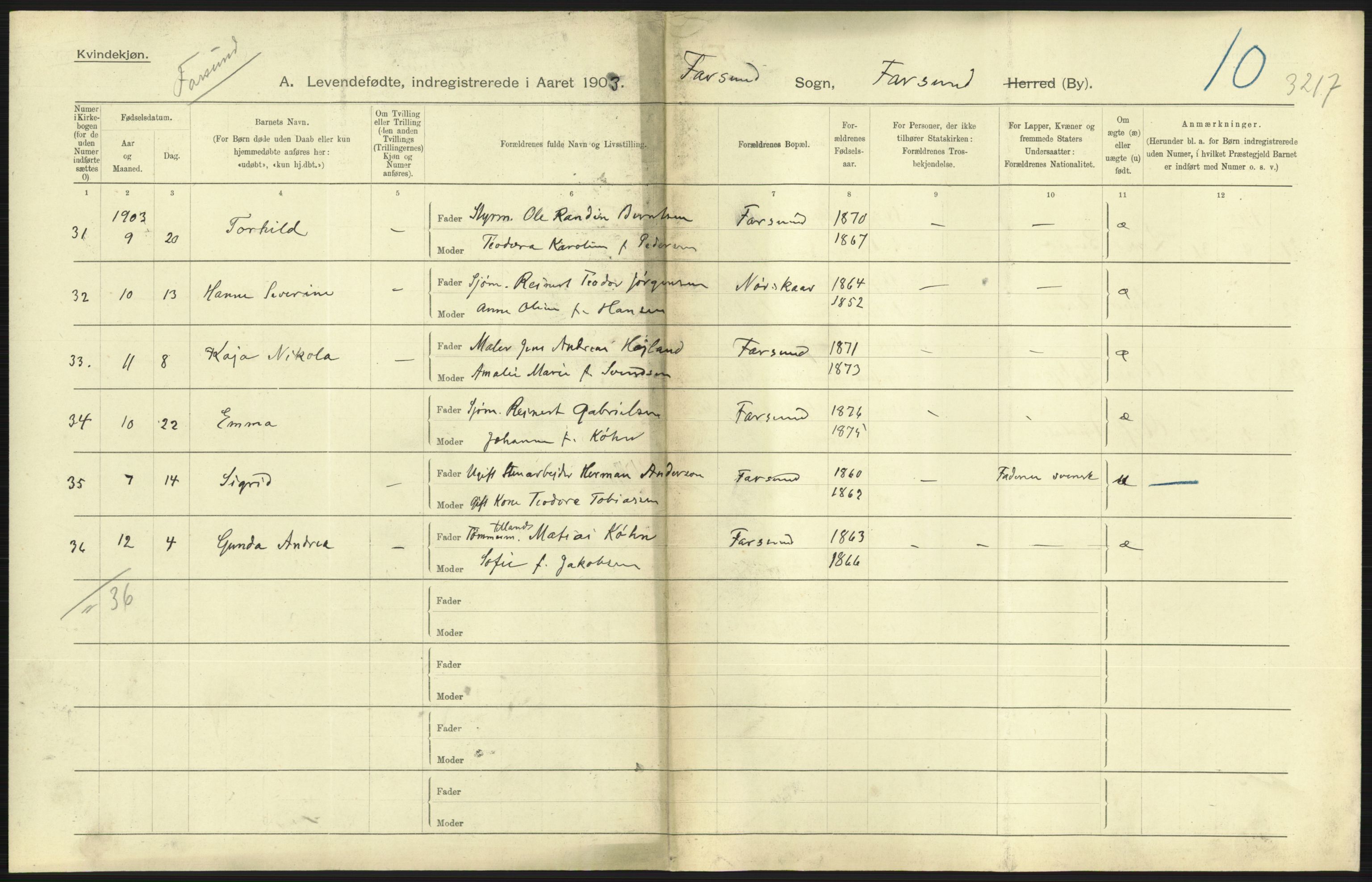 Statistisk sentralbyrå, Sosiodemografiske emner, Befolkning, AV/RA-S-2228/D/Df/Dfa/Dfaa/L0011: Lister og Mandal amt: Fødte, gifte, døde, 1903, s. 213