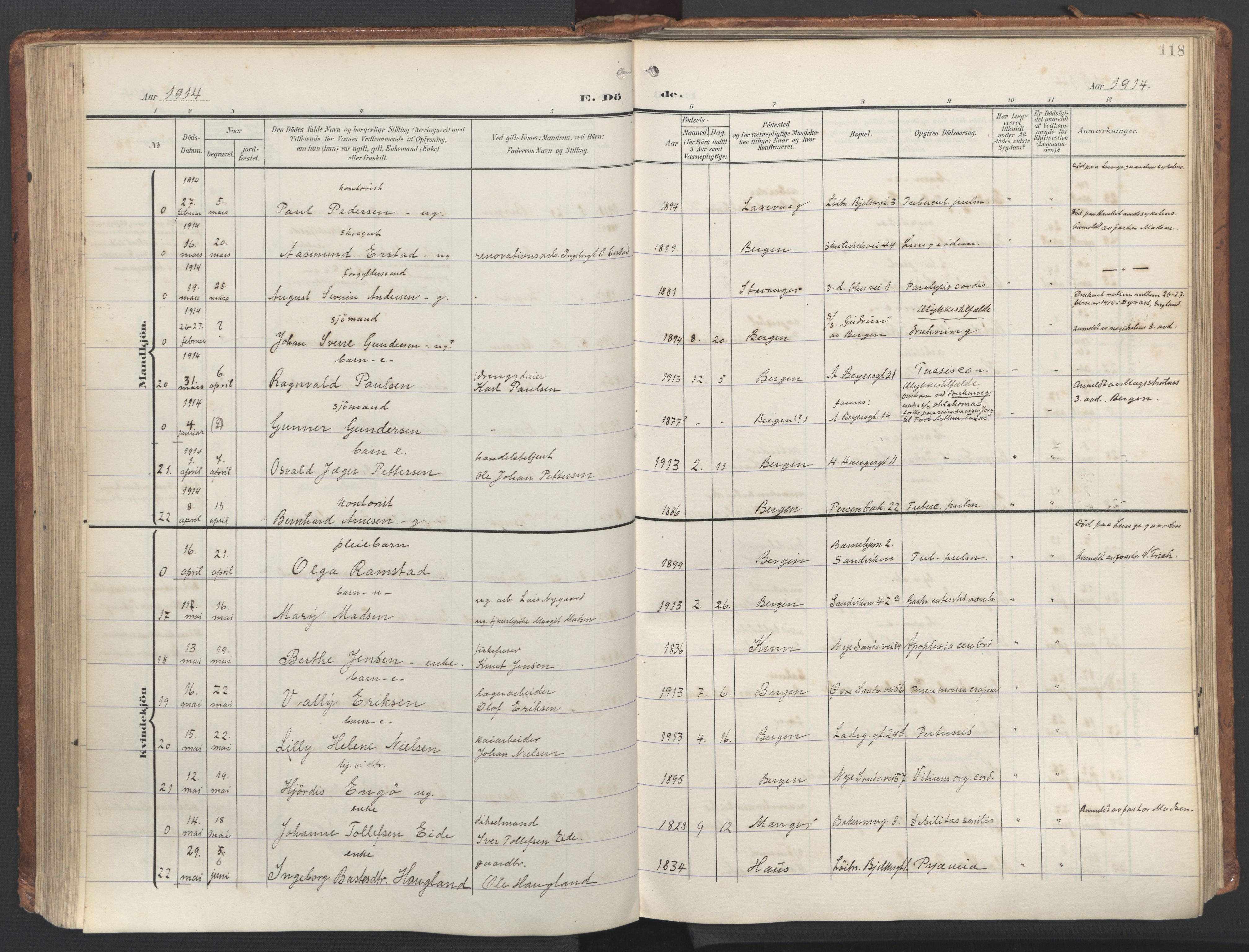 Sandviken Sokneprestembete, AV/SAB-A-77601/H/Ha/L0019: Ministerialbok nr. E 2, 1905-1933, s. 118