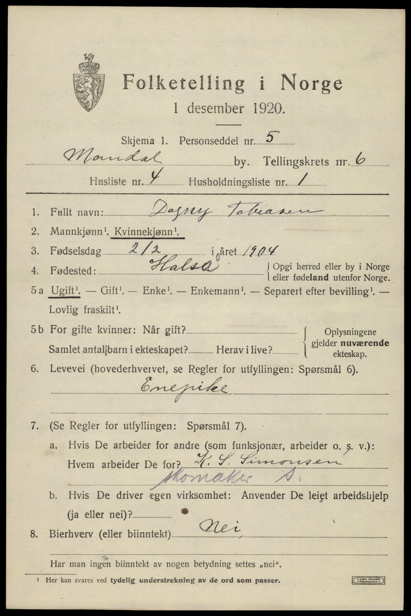 SAK, Folketelling 1920 for 1002 Mandal ladested, 1920, s. 9151