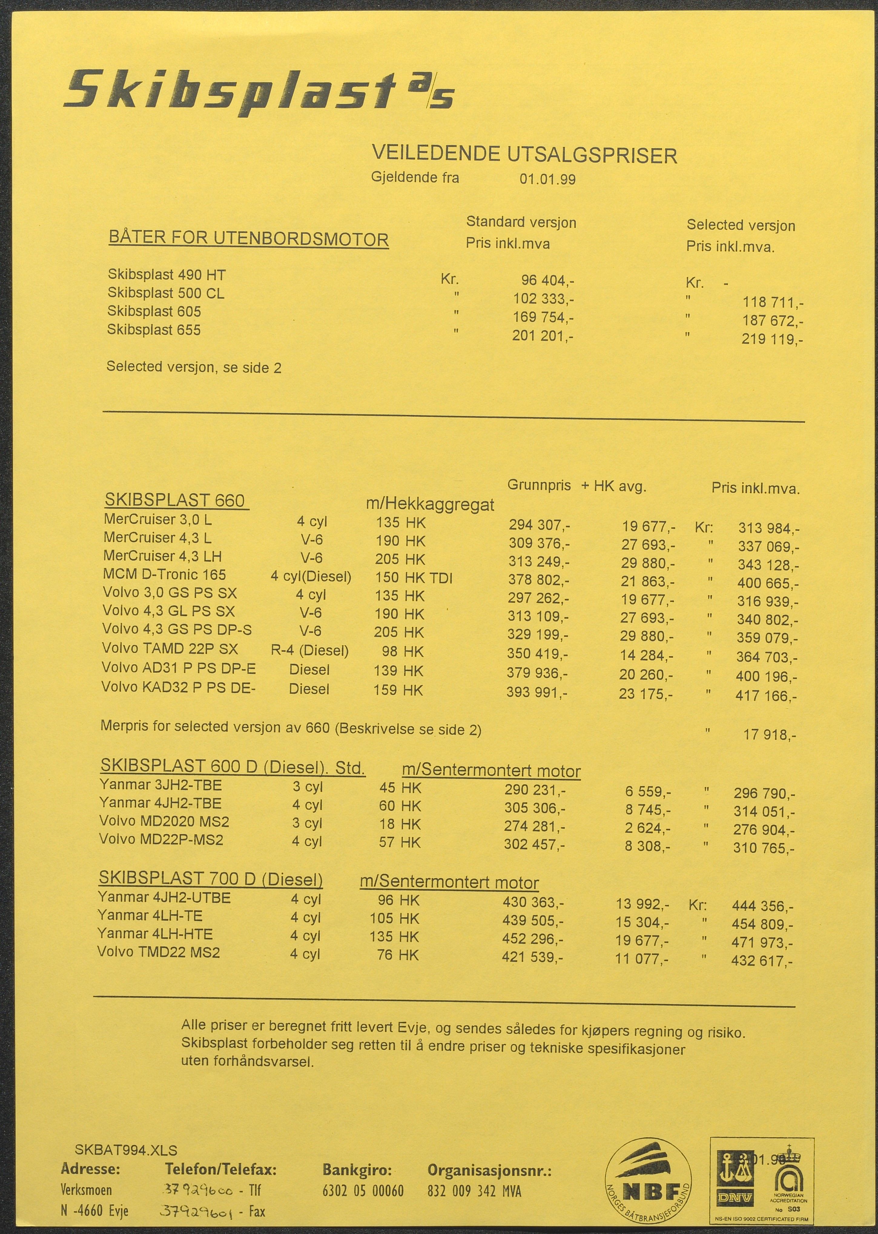 Skibsplast, AAKS/PA-2968/01/X/X01/L0001/0001: Brosjyrer / Lister over båtmodeller, veiledende priser, nettopriser til forhandlere og diverse, 1998-2014