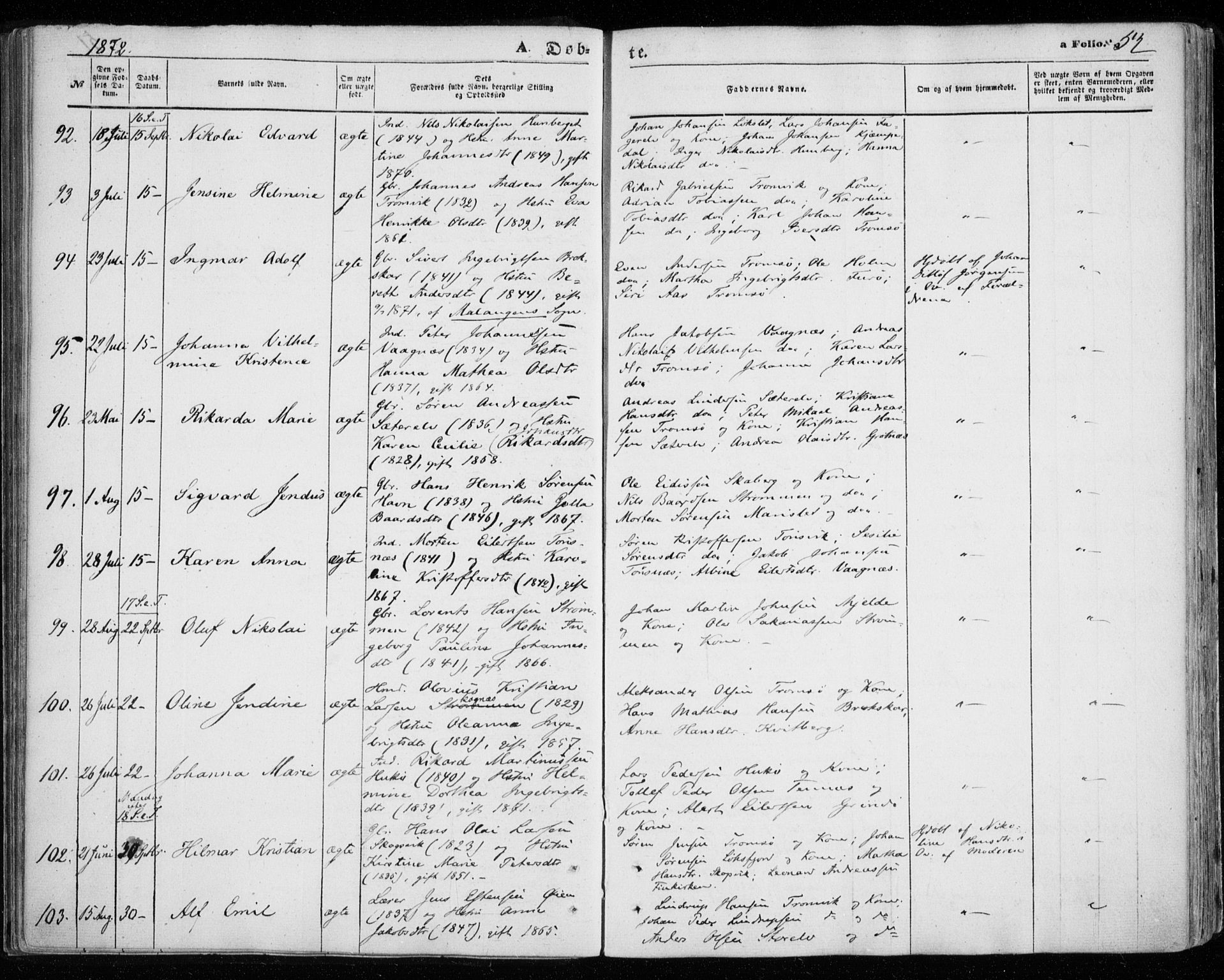 Tromsøysund sokneprestkontor, AV/SATØ-S-1304/G/Ga/L0002kirke: Ministerialbok nr. 2, 1867-1875, s. 52