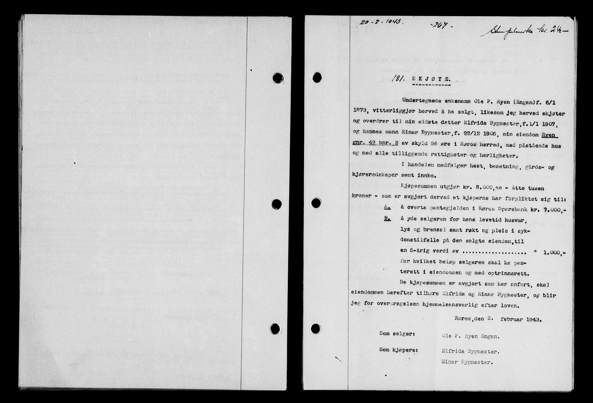 Gauldal sorenskriveri, SAT/A-0014/1/2/2C/L0056: Pantebok nr. 61, 1942-1943, Dagboknr: 181/1943