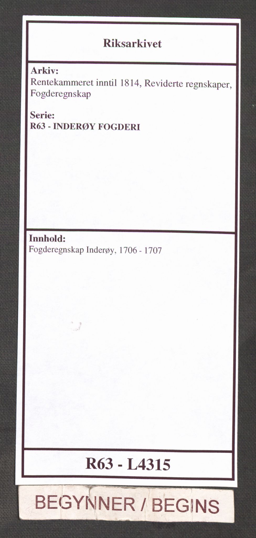 Rentekammeret inntil 1814, Reviderte regnskaper, Fogderegnskap, RA/EA-4092/R63/L4315: Fogderegnskap Inderøy, 1706-1707, s. 1