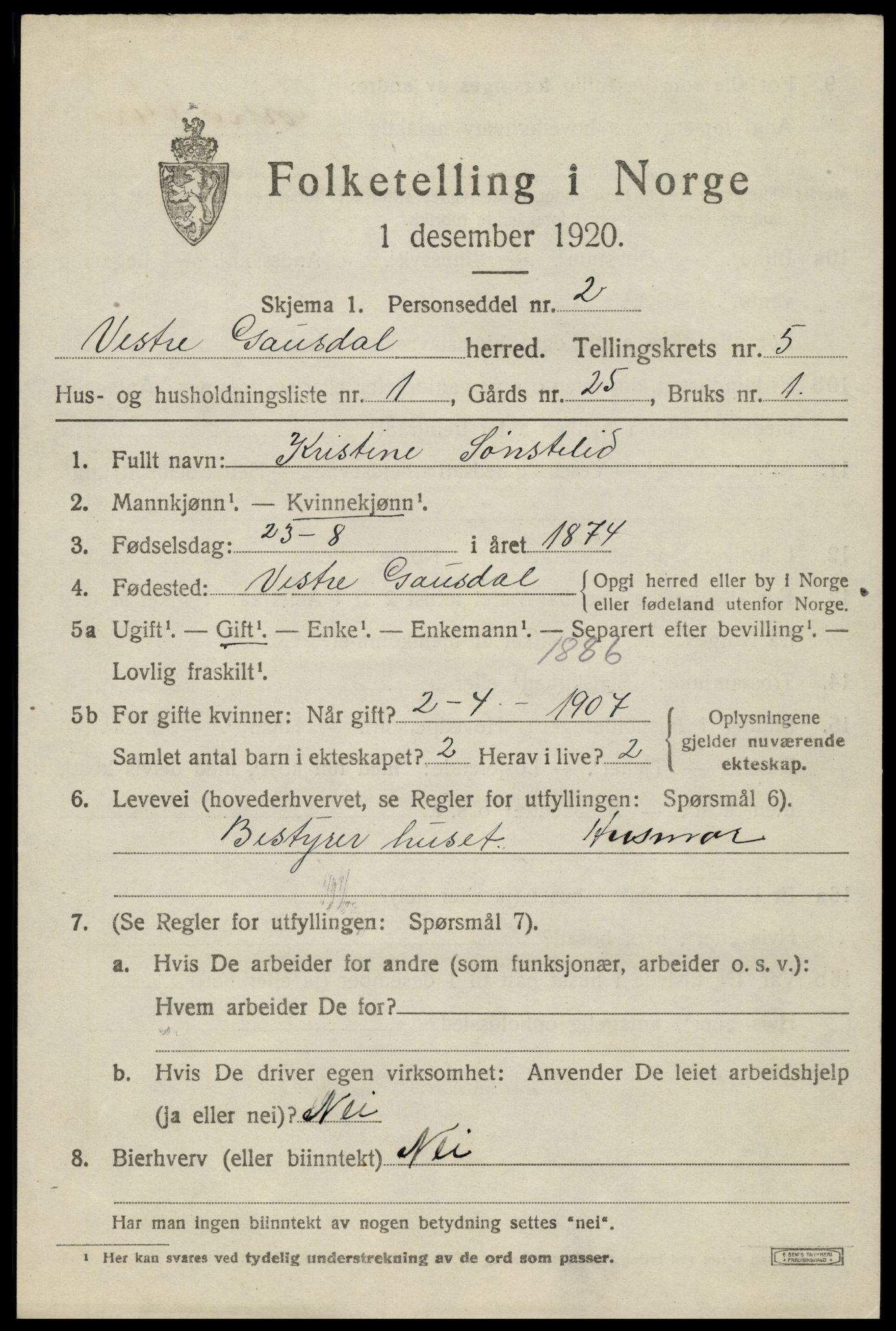 SAH, Folketelling 1920 for 0523 Vestre Gausdal herred, 1920, s. 3699