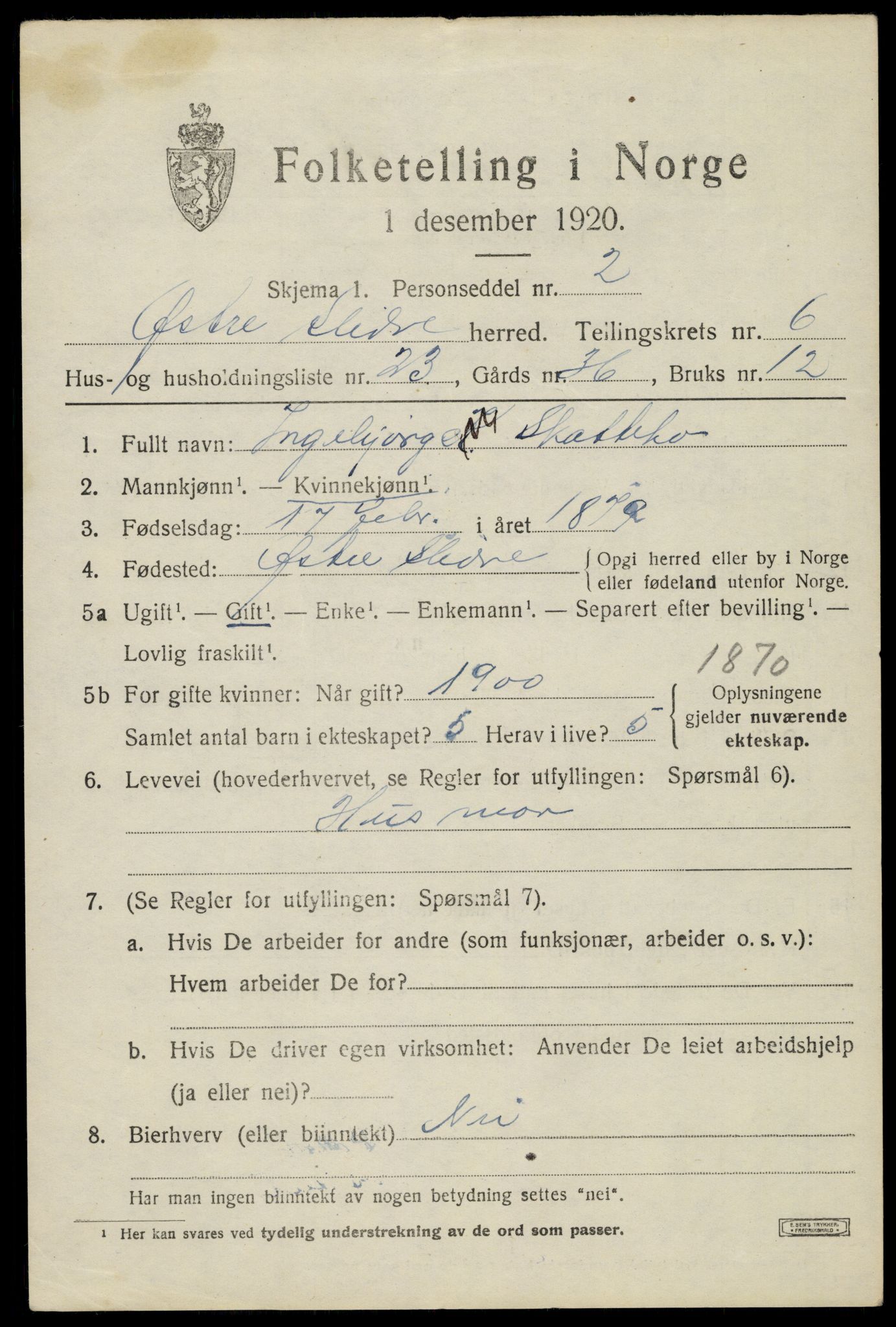 SAH, Folketelling 1920 for 0544 Øystre Slidre herred, 1920, s. 3643