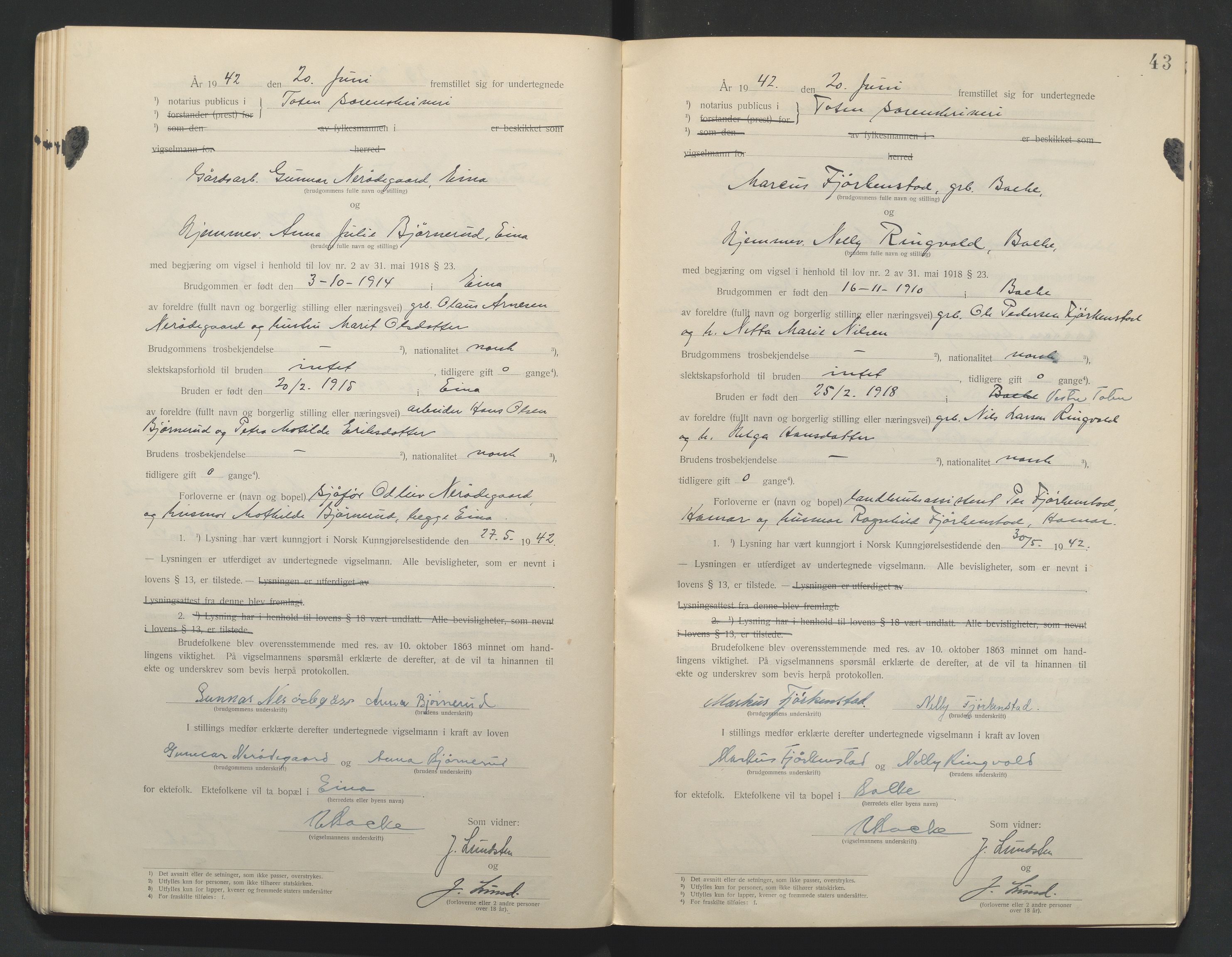 Toten tingrett, AV/SAH-TING-006/L/Lc/L0001: Vigselbok, 1920-1942, s. 43