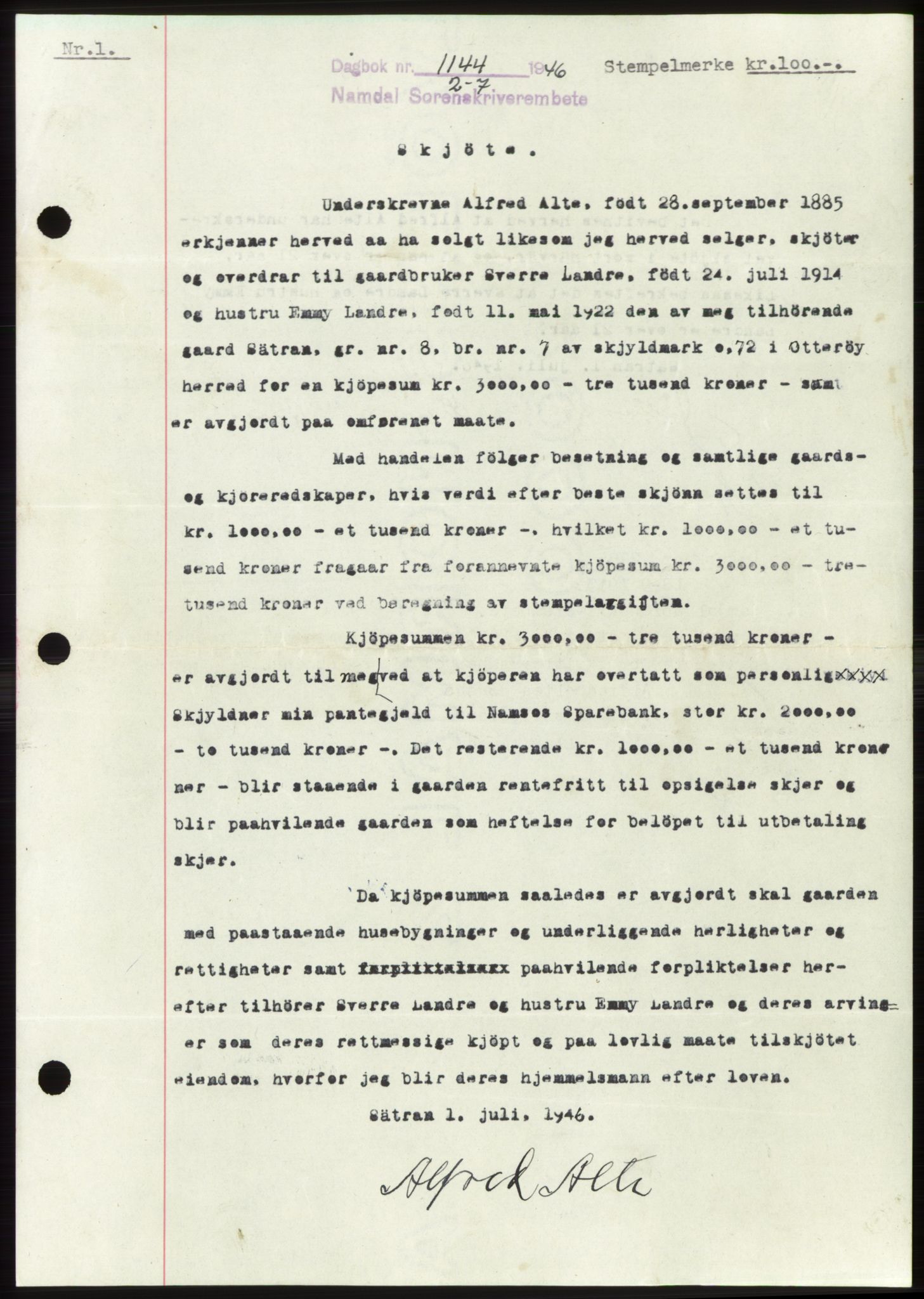 Namdal sorenskriveri, SAT/A-4133/1/2/2C: Pantebok nr. -, 1946-1946, Dagboknr: 1144/1946