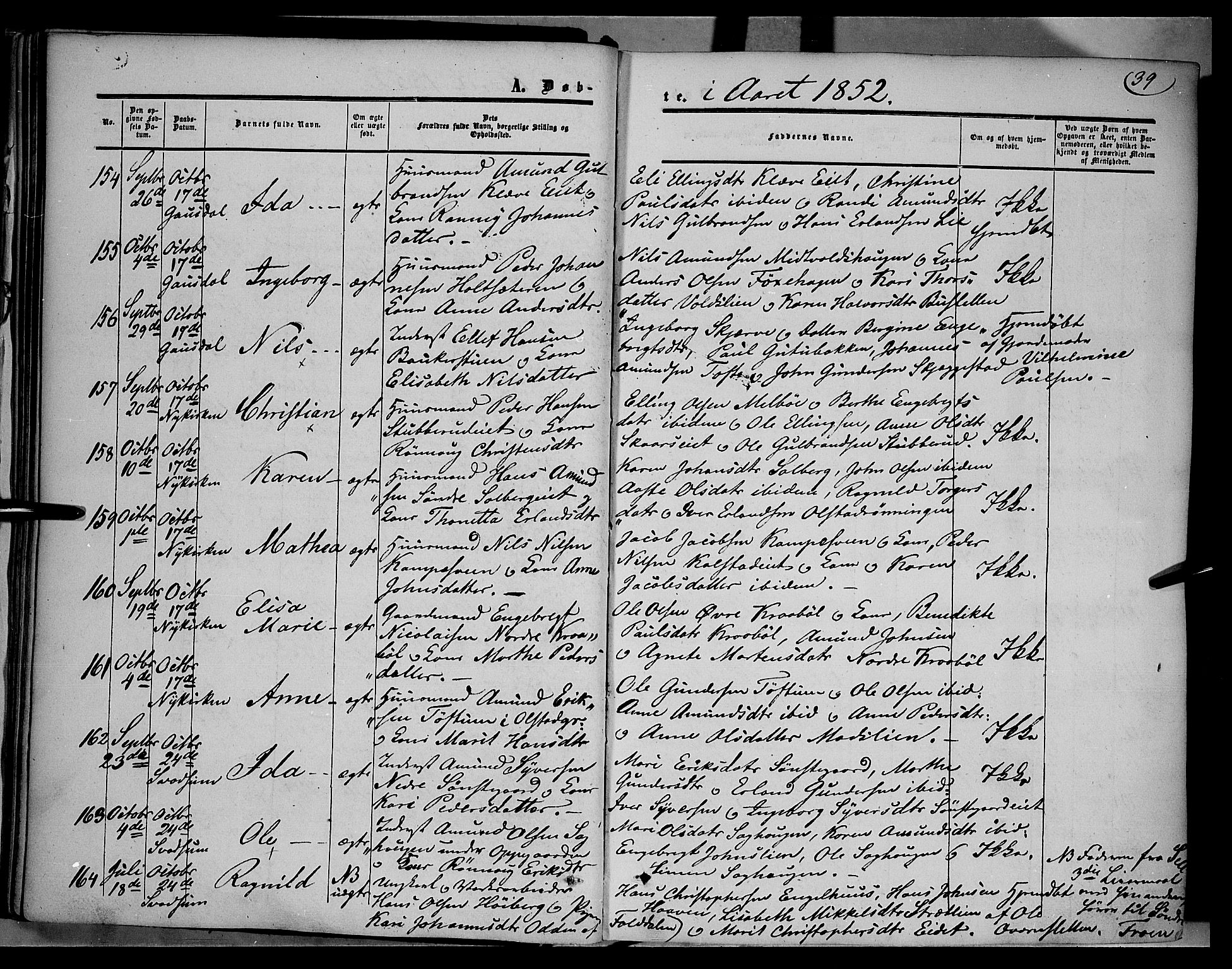 Gausdal prestekontor, AV/SAH-PREST-090/H/Ha/Haa/L0008: Ministerialbok nr. 8, 1850-1861, s. 39