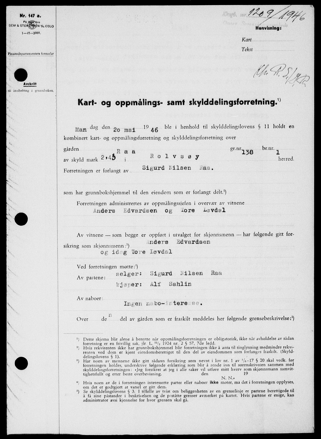 Onsøy sorenskriveri, SAO/A-10474/G/Ga/Gab/L0016: Pantebok nr. II A-16, 1946-1946, Dagboknr: 1209/1946
